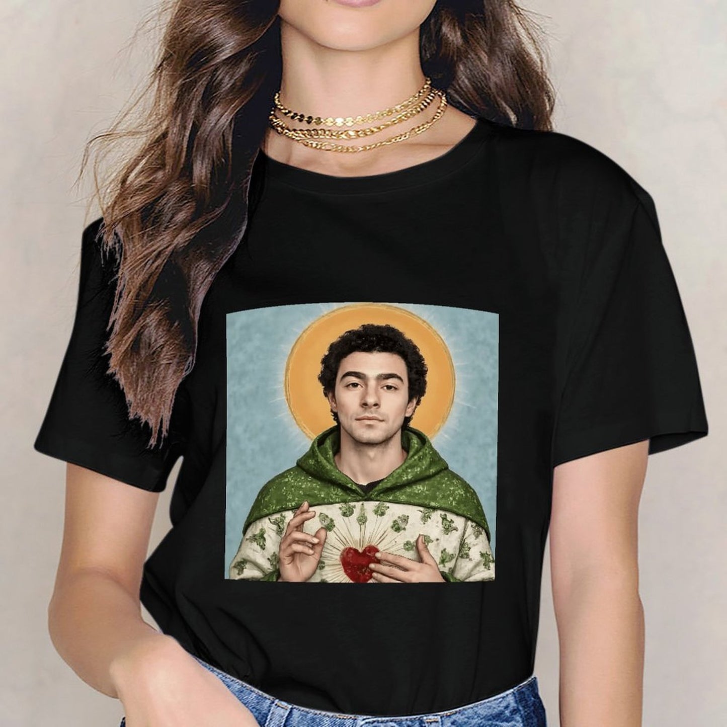 Inkmay Casual Cotton T-shirt Green Robe With Floral Pattern Print Unisex T-shirtRelaxed Fit Pure T-Shirt