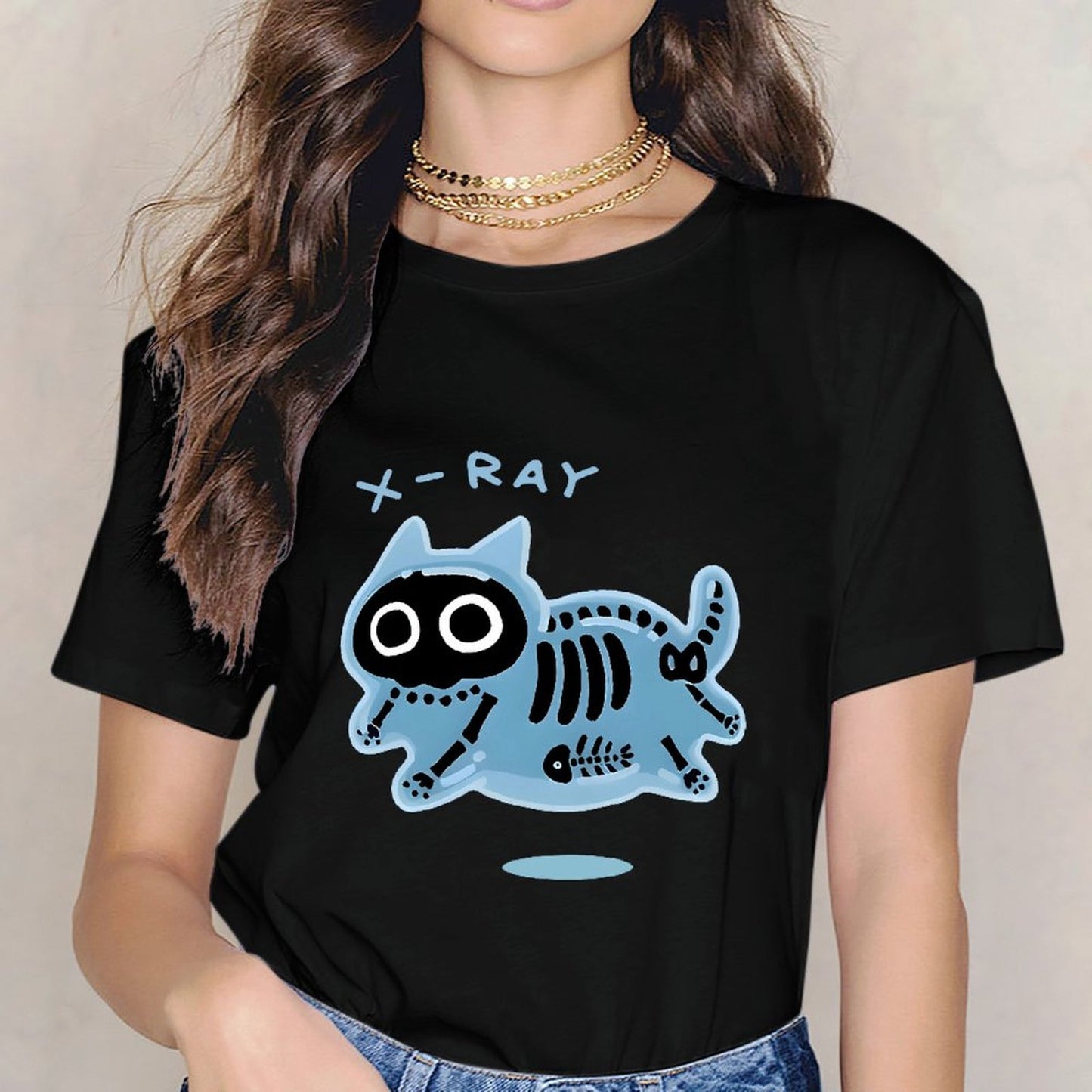 Inkmay Casual Cotton T-shirt Blue Cat Skeleton Print Design Art Unisex T-shirtSmooth Design-Your-Own T-Shirt