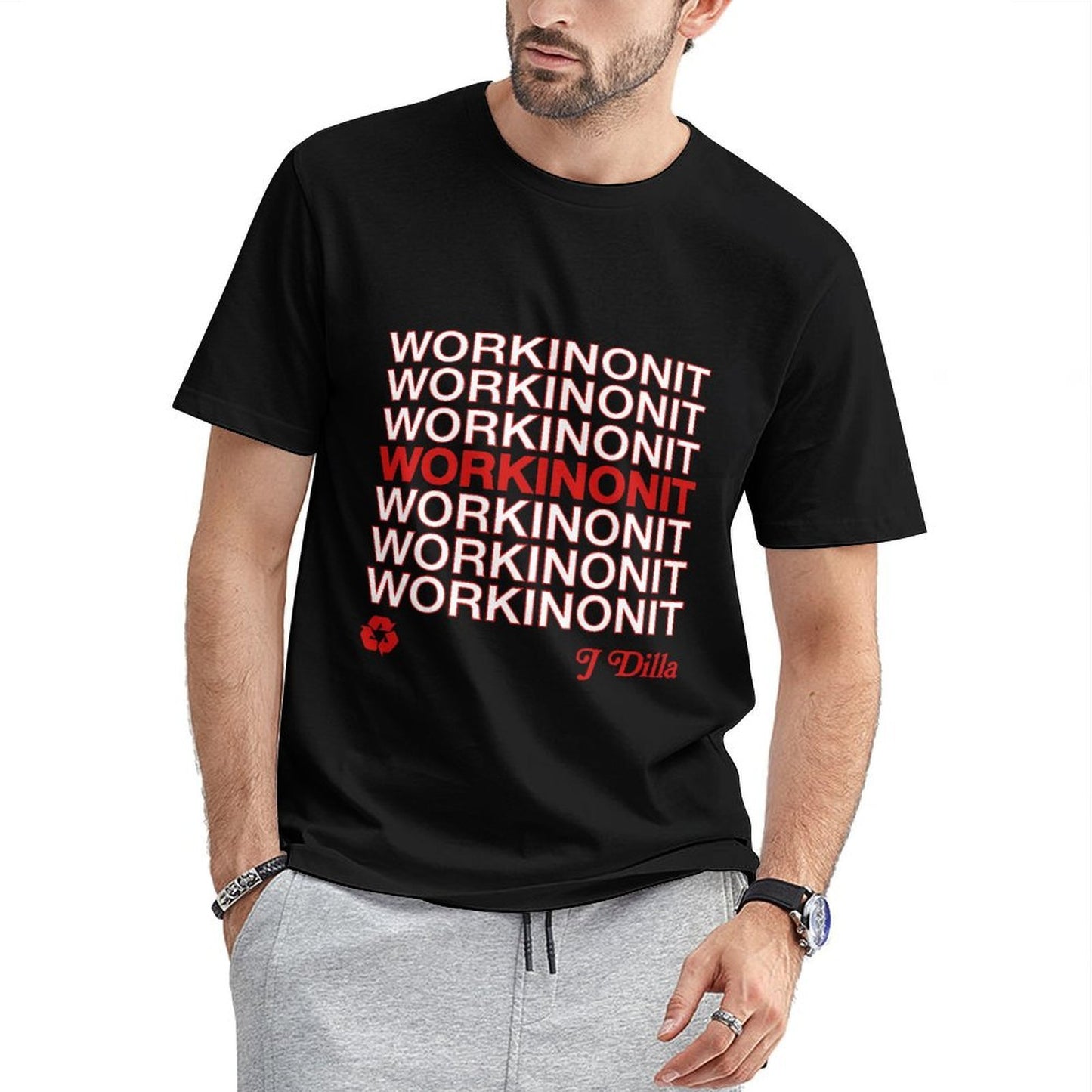 Inkmay Casual Cotton T-shirt Workinonit Pattern Printed On Red Unisex T-shirtRelaxed ClassicLine T-Shirt