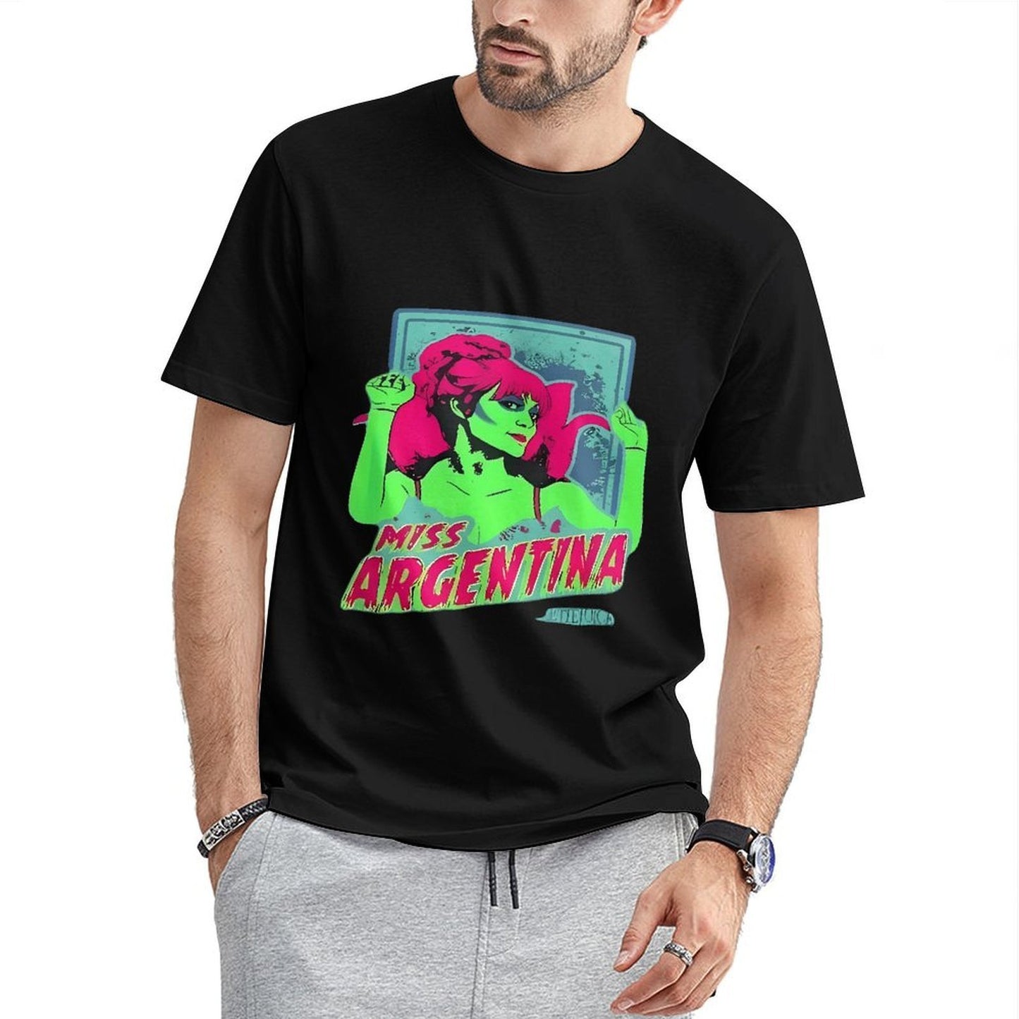 Inkmay Casual Cotton T-shirt Miss Argentina Bright Green Pink Art Unisex T-shirtEssentialFit Printing T-Shirt