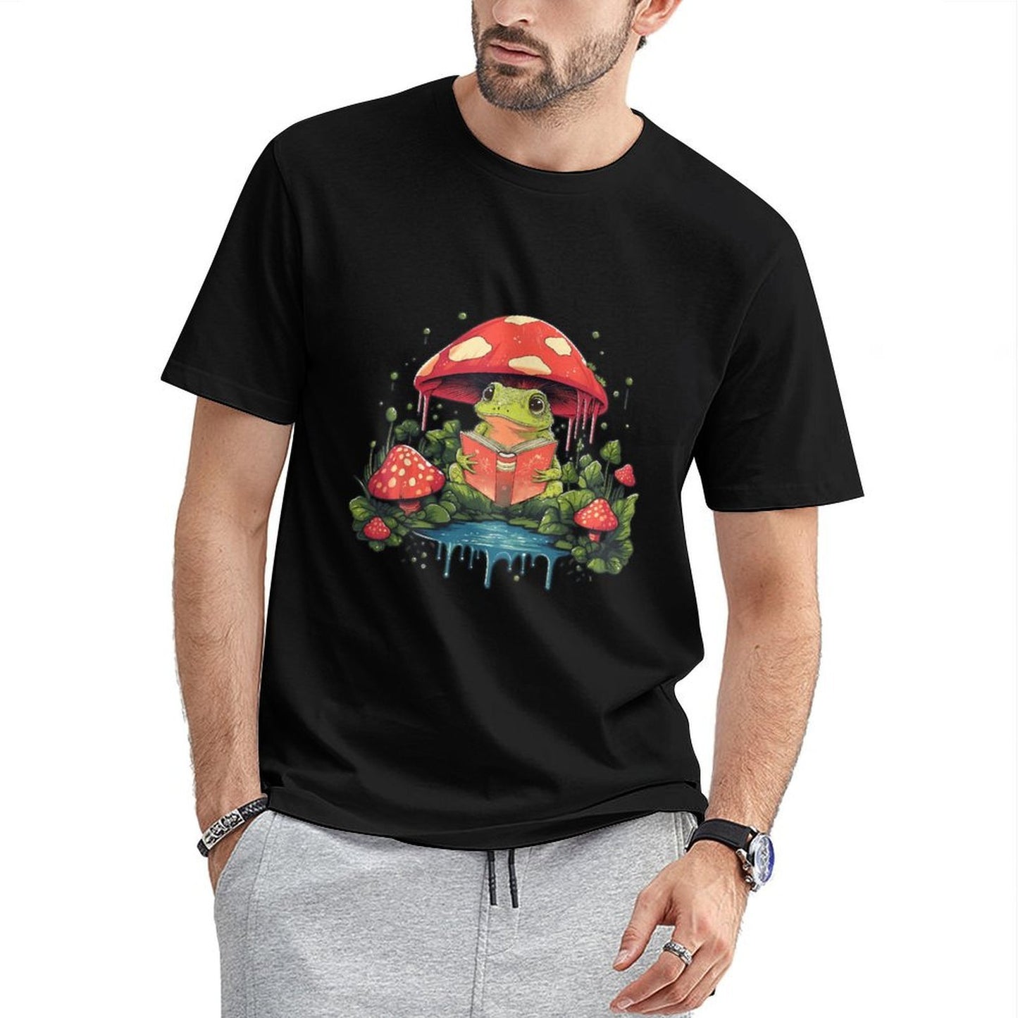 Inkmay Casual Cotton T-shirt Frog Reading Under Mushroom In Forest Unisex T-shirtMinimalist Edition T-Shirt