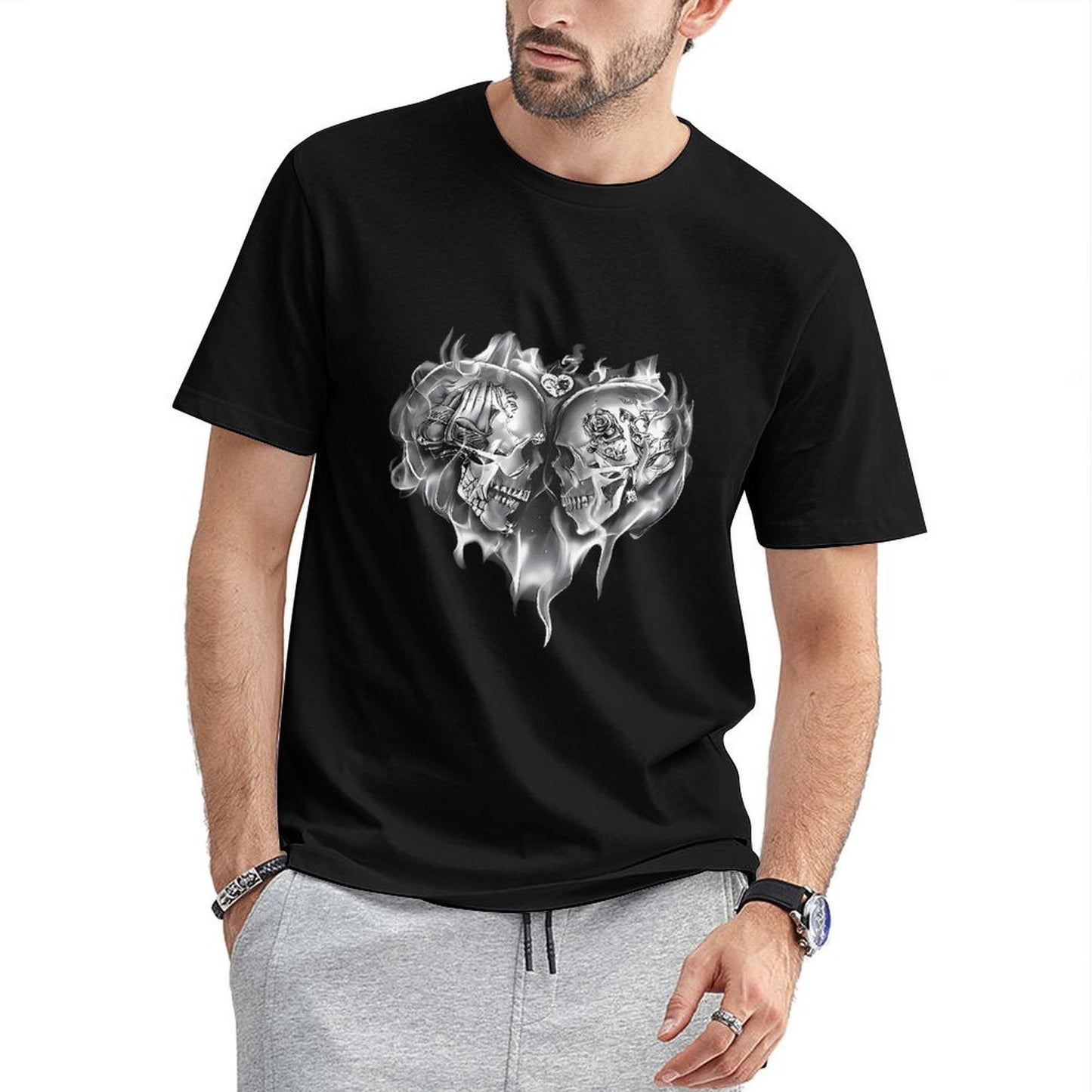 Inkmay Casual Cotton T-shirt Skull Flames Heart Design Art Print Unisex T-shirtSignature Weekend T-Shirt