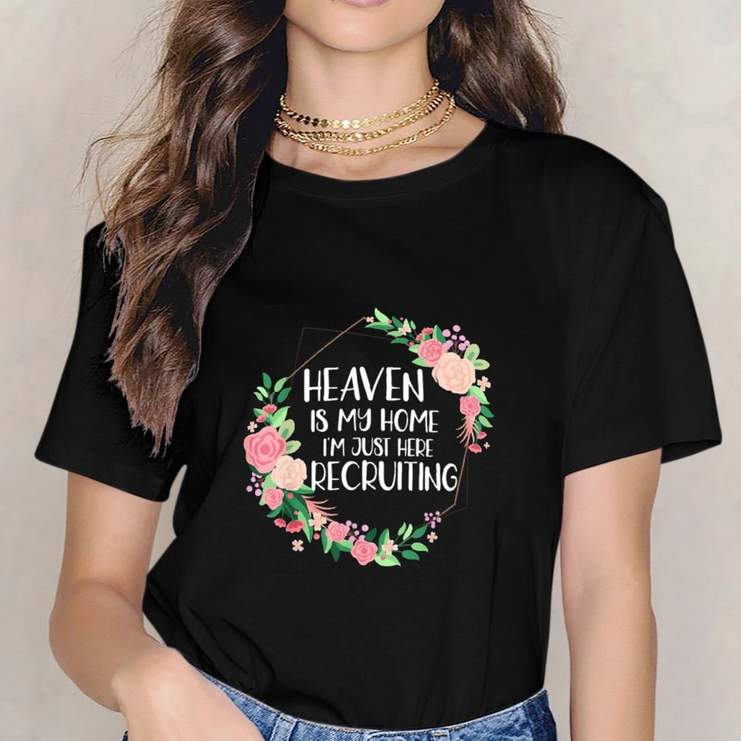 Inkmay Casual Cotton T-shirt Floral Frame With Pink Roses Unisex T-shirtEdition Softstyle T-Shirt