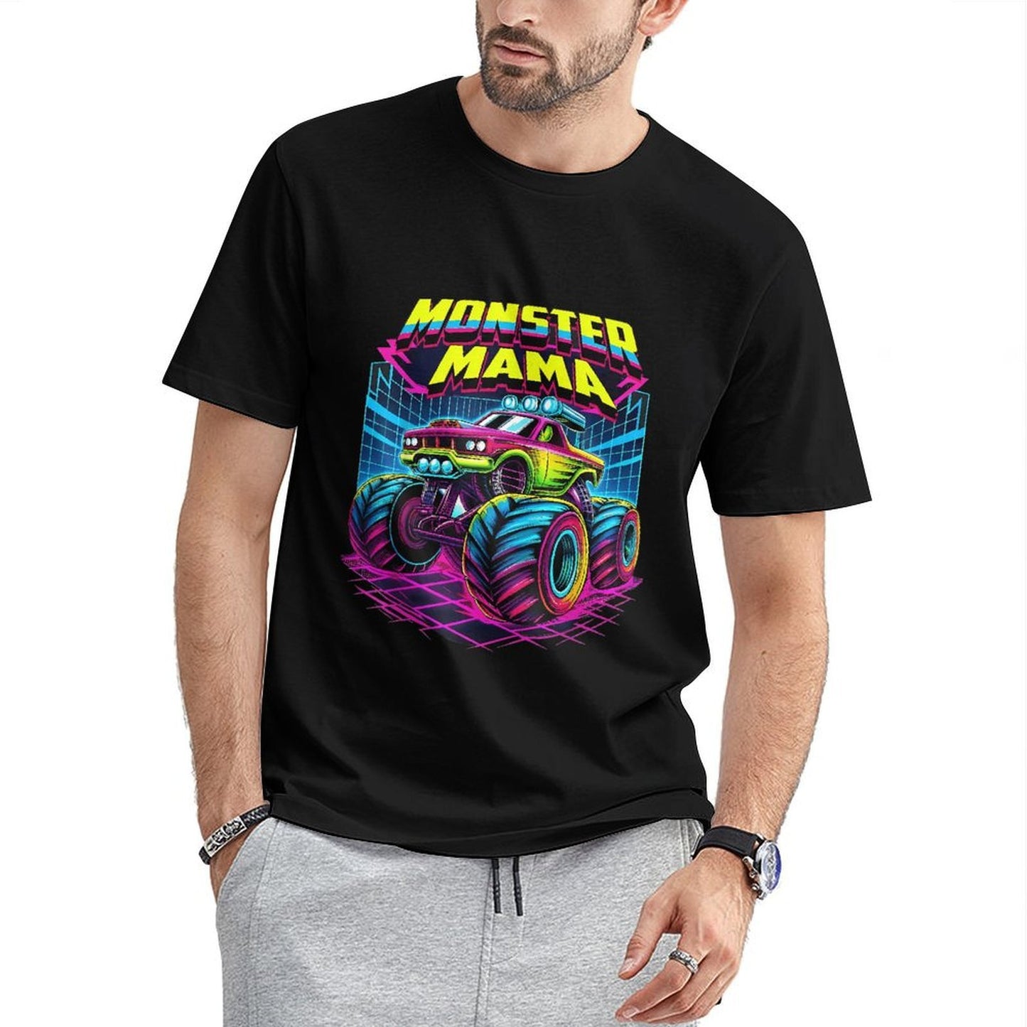 Inkmay Casual Cotton T-shirt Monster Mama Truck With Neon Wheels Unisex T-shirtYearRound ClassicSeries T-Shirt