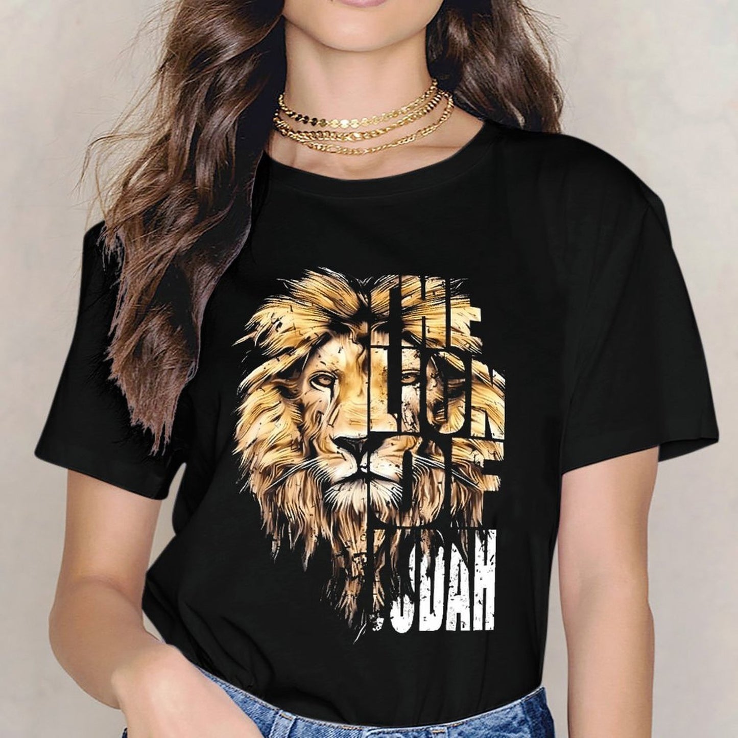 Inkmay Casual Cotton T-shirt Lion Head With Bold Text Unisex T-shirt