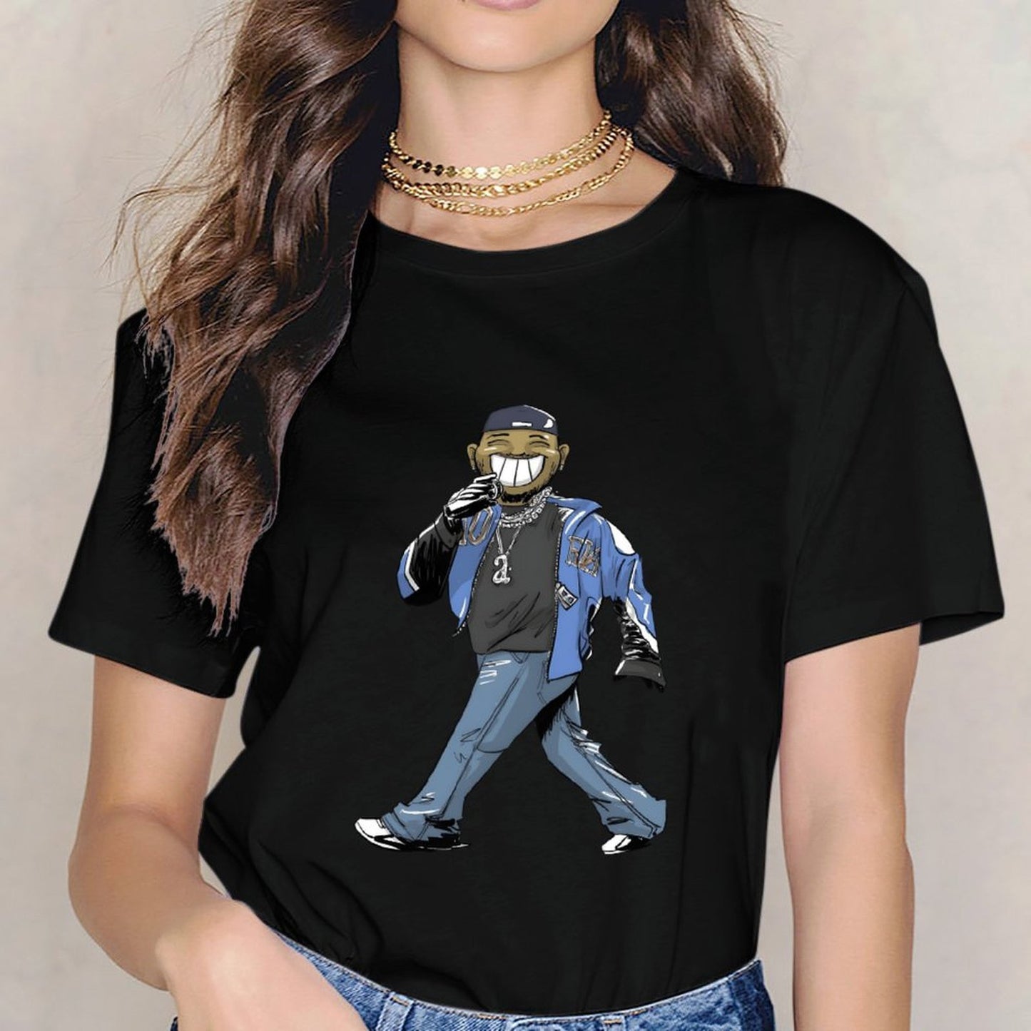 Inkmay Casual Cotton T-shirt Cartoon Character Wearing Blue Jacket Pants Unisex T-shirtBreathable TrueFit T-Shirt