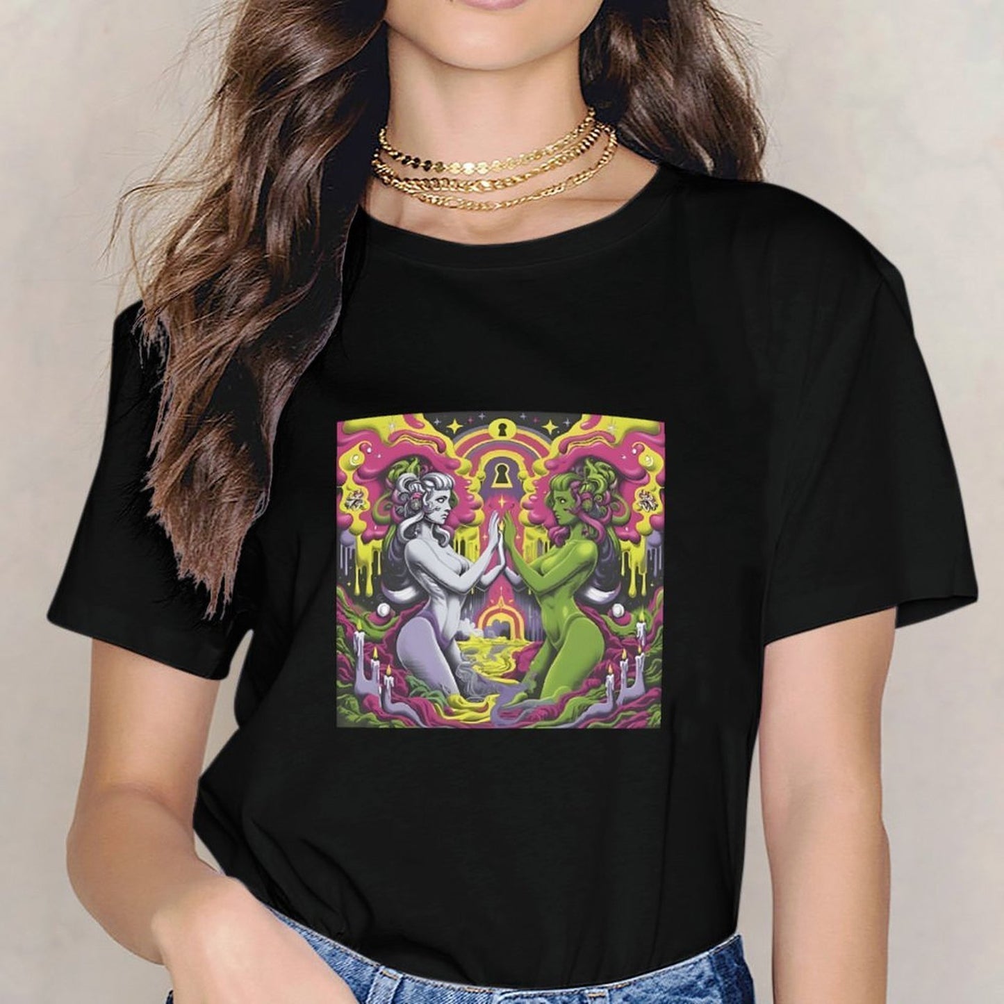 Inkmay Casual Cotton T-shirt Psychedelic Art With Two Figures Unisex T-shirtLightweight Made-to-Order T-Shirt