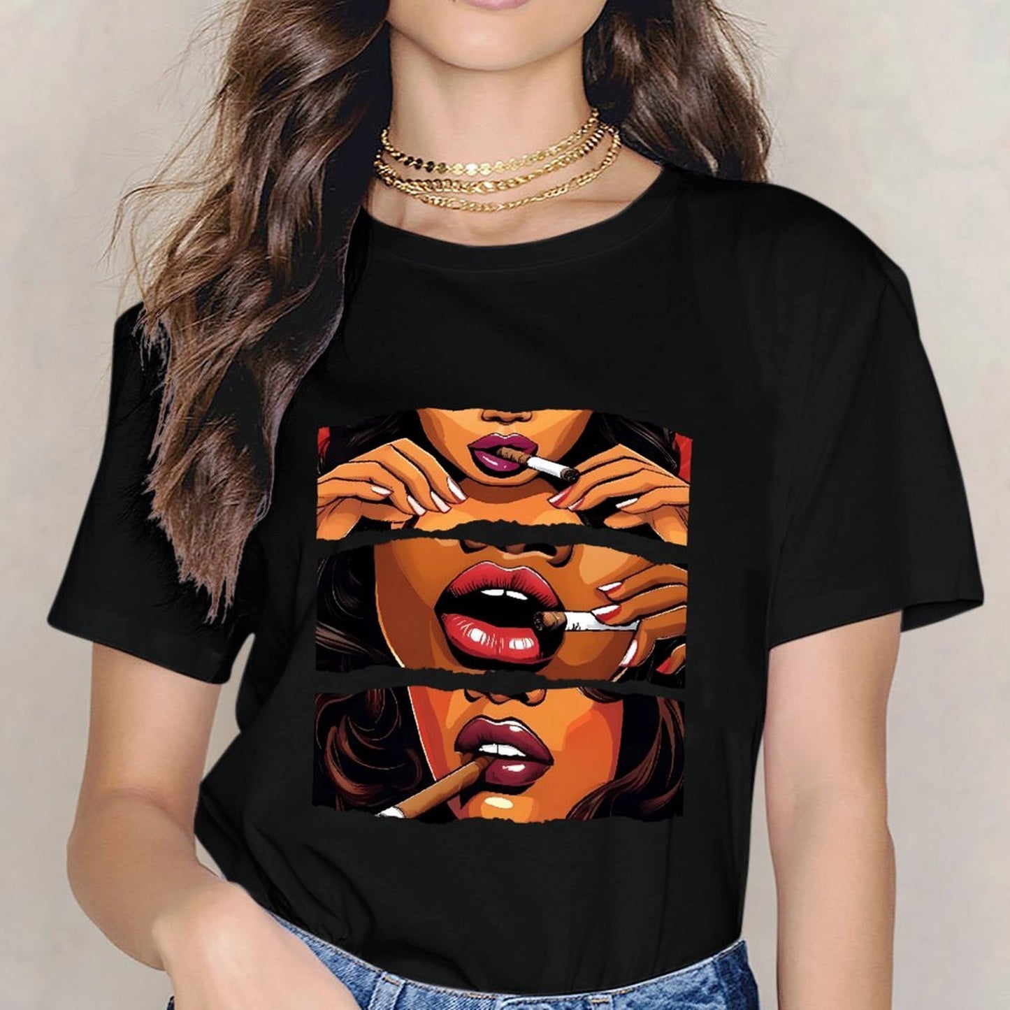 Inkmay Casual Cotton T-shirt Smoking Woman Artistic Pattern Prints Design Unisex T-shirtRecycled Natural T-Shirt