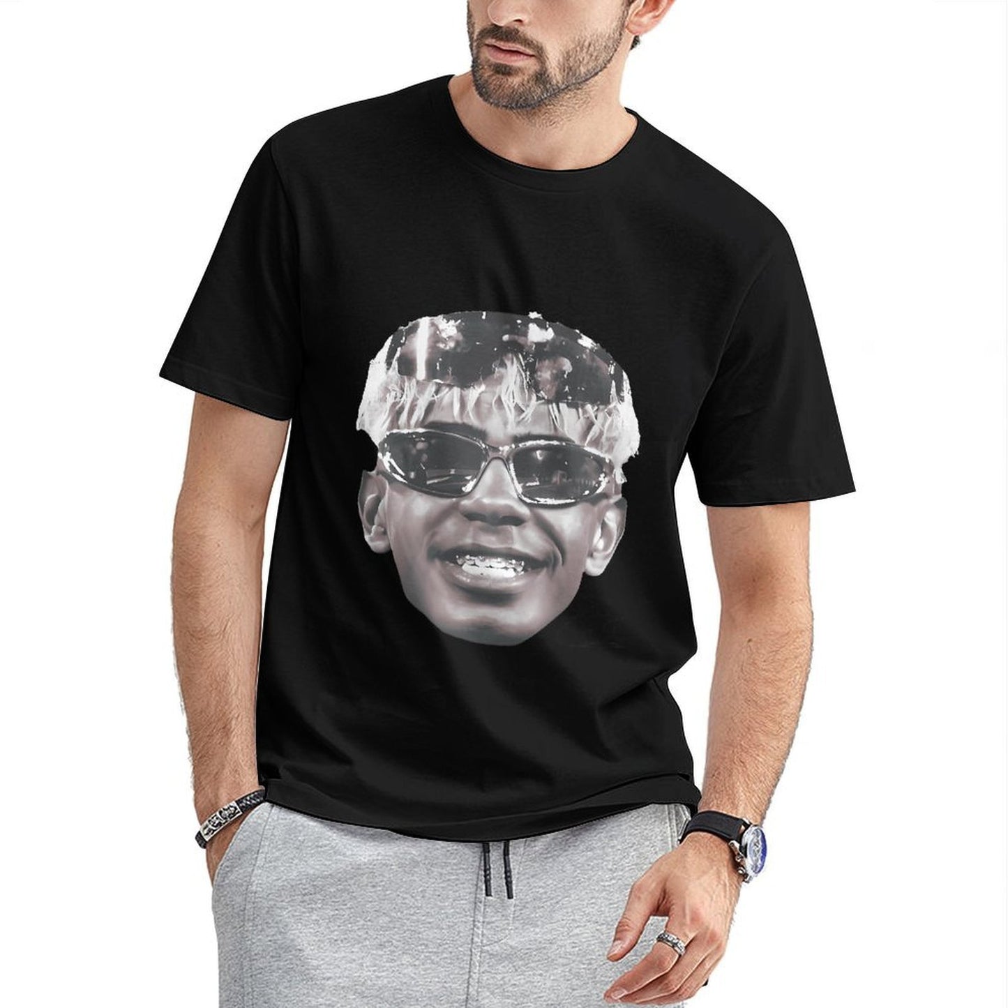 Inkmay Casual Cotton T-shirt Stylized Face With Reflective Sunglasses Design Unisex T-shirtSport YearRound T-Shirt
