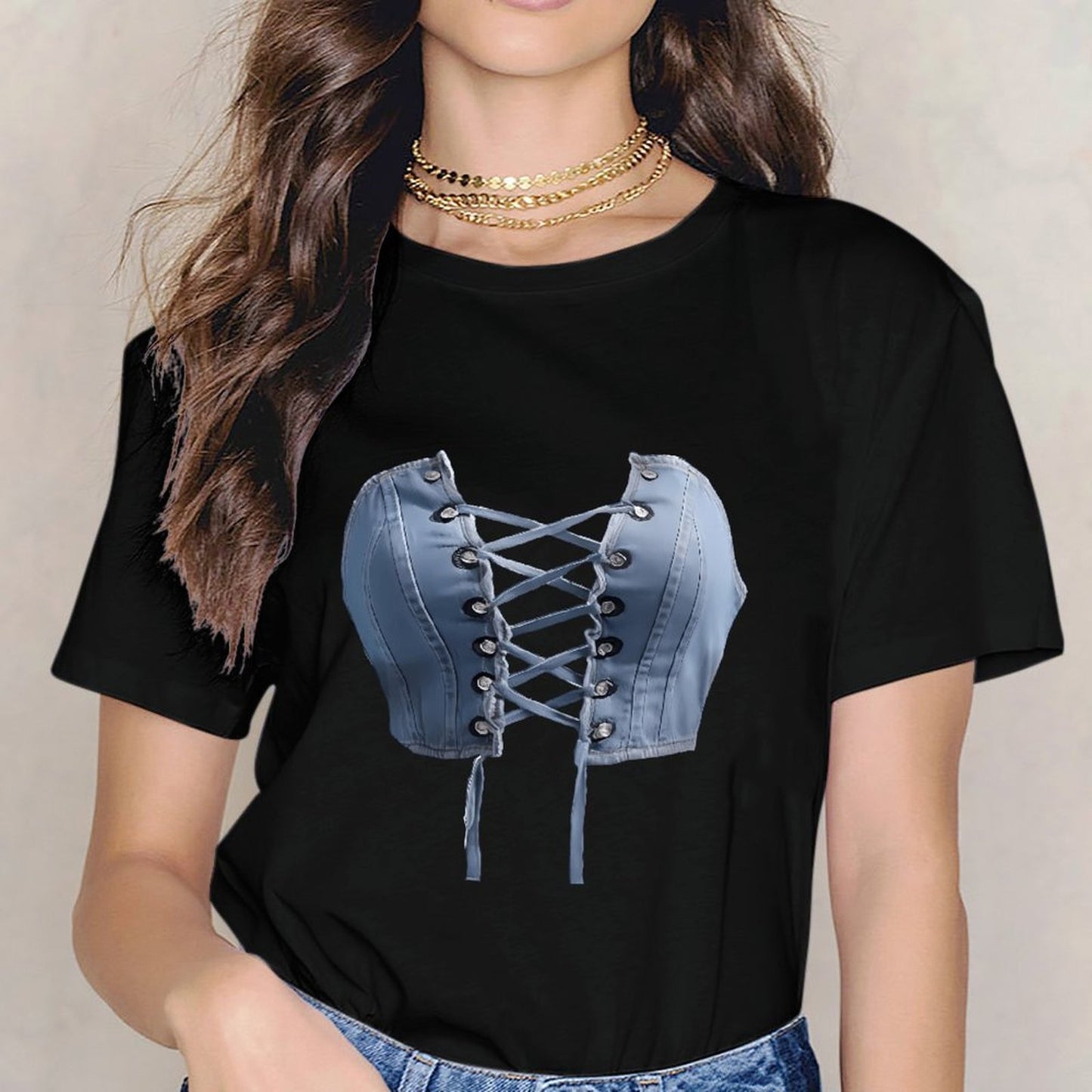 Inkmay Casual Cotton T-shirt Blue Satin Corset With Laceups Unisex T-shirtSimple Heavyweight T-Shirt