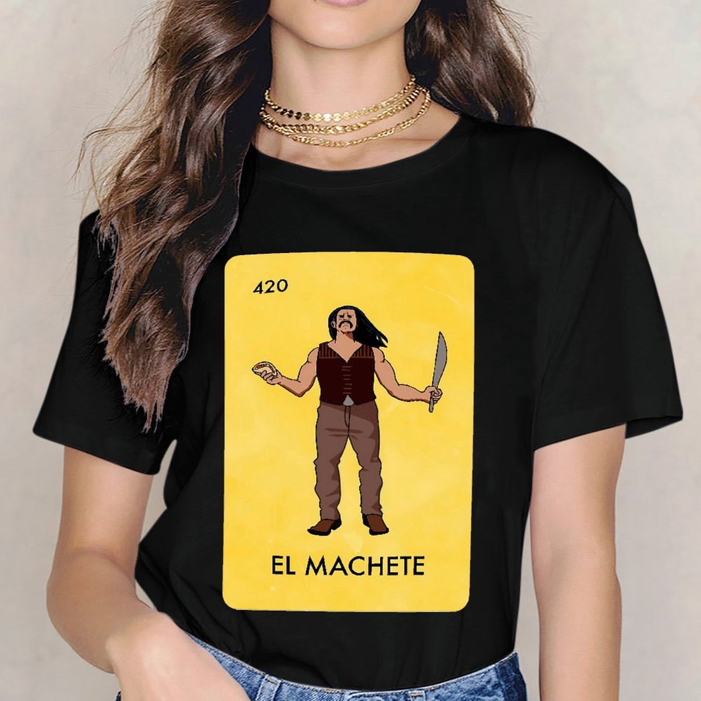 Inkmay Casual Cotton T-shirt Man Holding Machete In Yellow Background Unisex T-shirtUltra Durable Strong T-Shirt