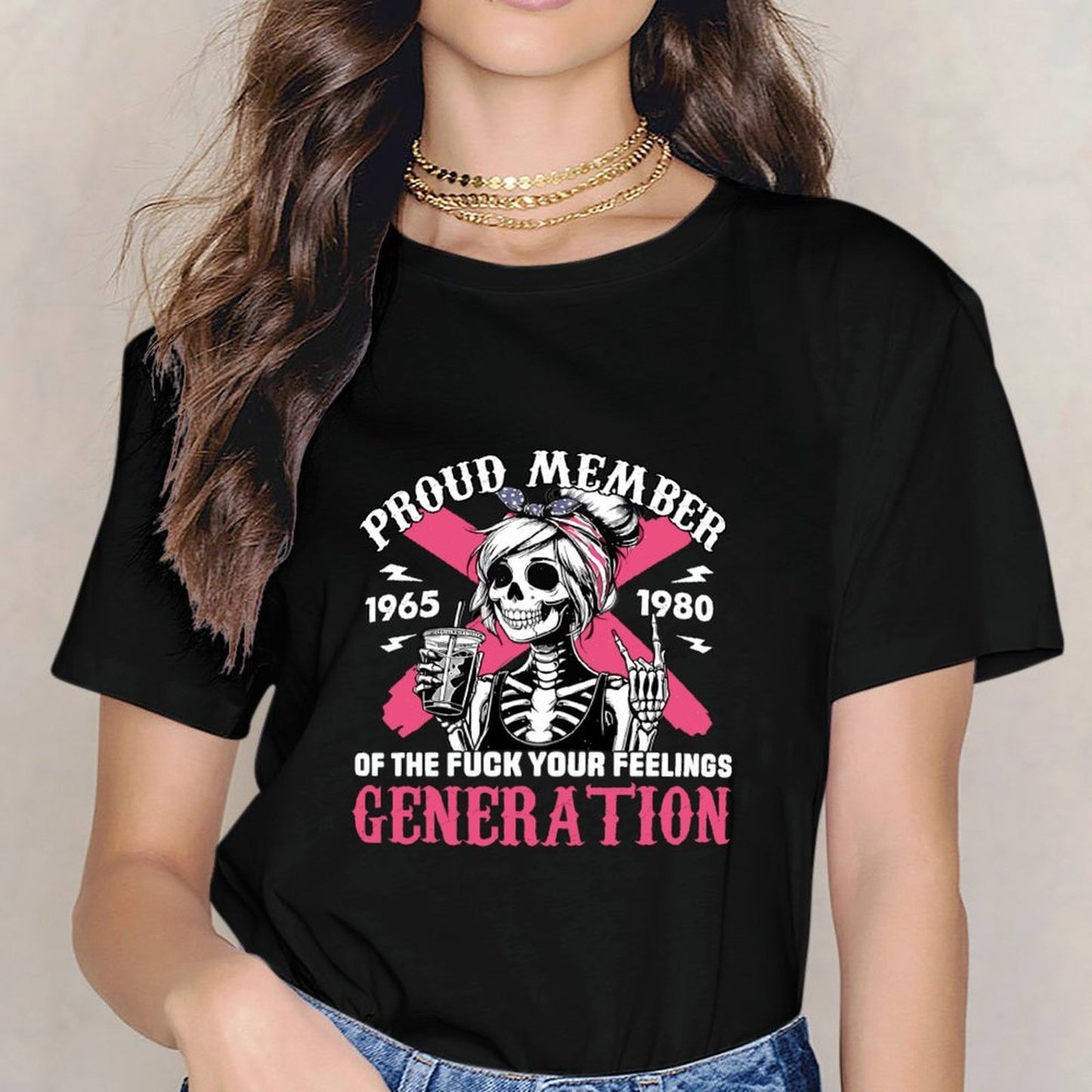 Inkmay Casual Cotton T-shirt Proud Member Skeleton Girl Pink Background Unisex T-shirtStrong V-Neck T-Shirt