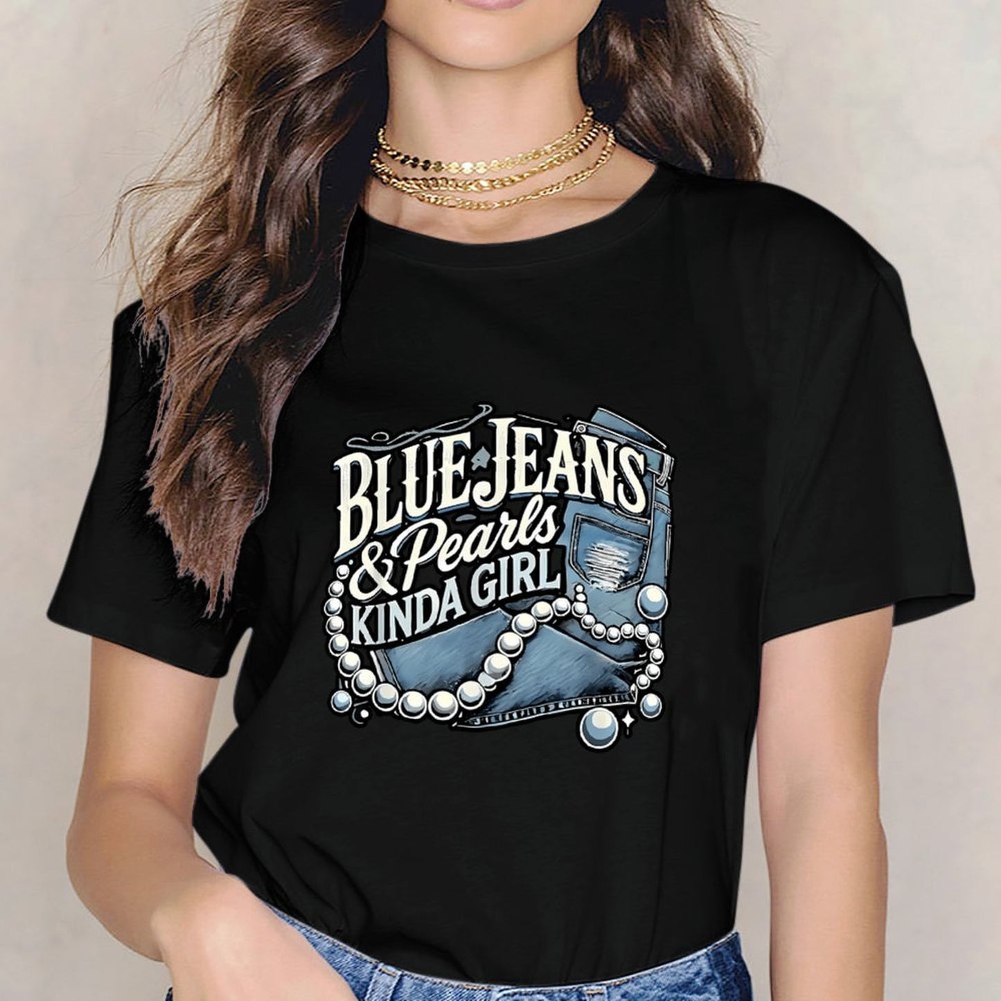 Inkmay Casual Cotton T-shirt Blue Jeans And Pearls Kinda Unisex T-shirtLong Lasting Minimal T-Shirt