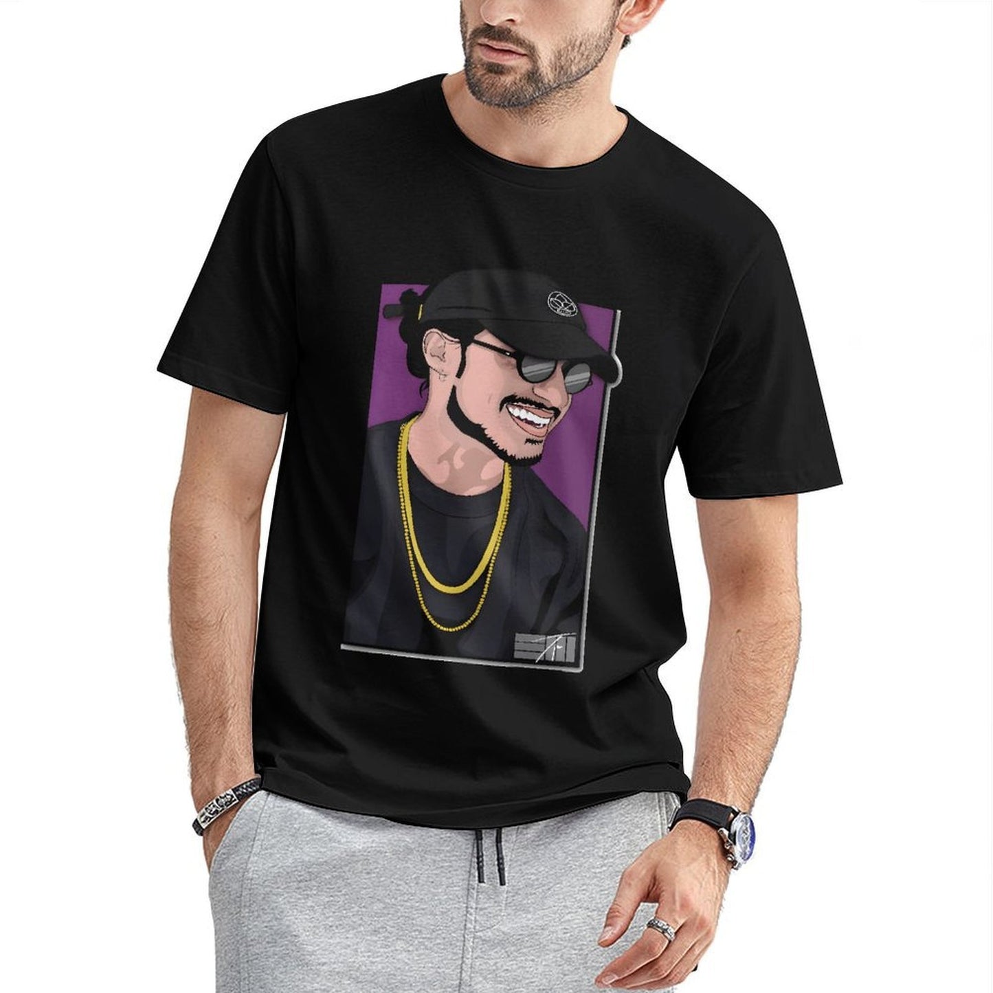 Inkmay Casual Cotton T-shirt Man Wearing Black Hat And Sunglasses Unisex T-shirtPrinting ComfortSeries T-Shirt