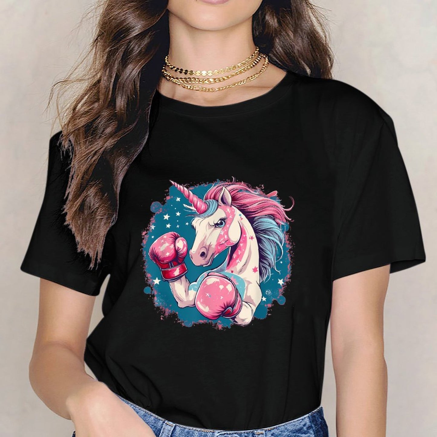inkmay-casual-cotton-t-shirt-boxing-unicorn-with-pink-mane-unisex-t-shirt