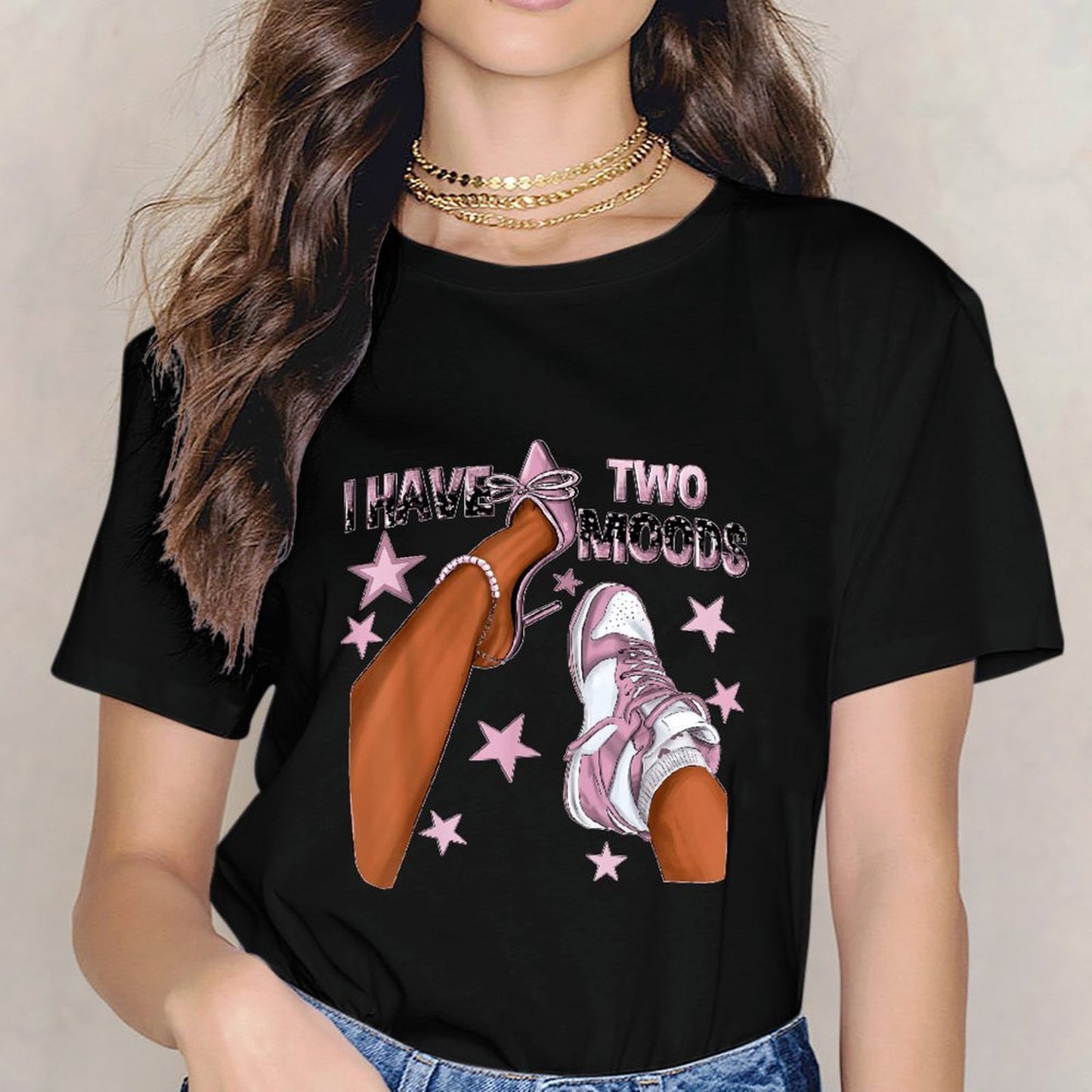 Inkmay Casual Cotton T-shirt Shoes With Stars And Text Prints Unisex T-shirtClean Edges Outdoor T-Shirt