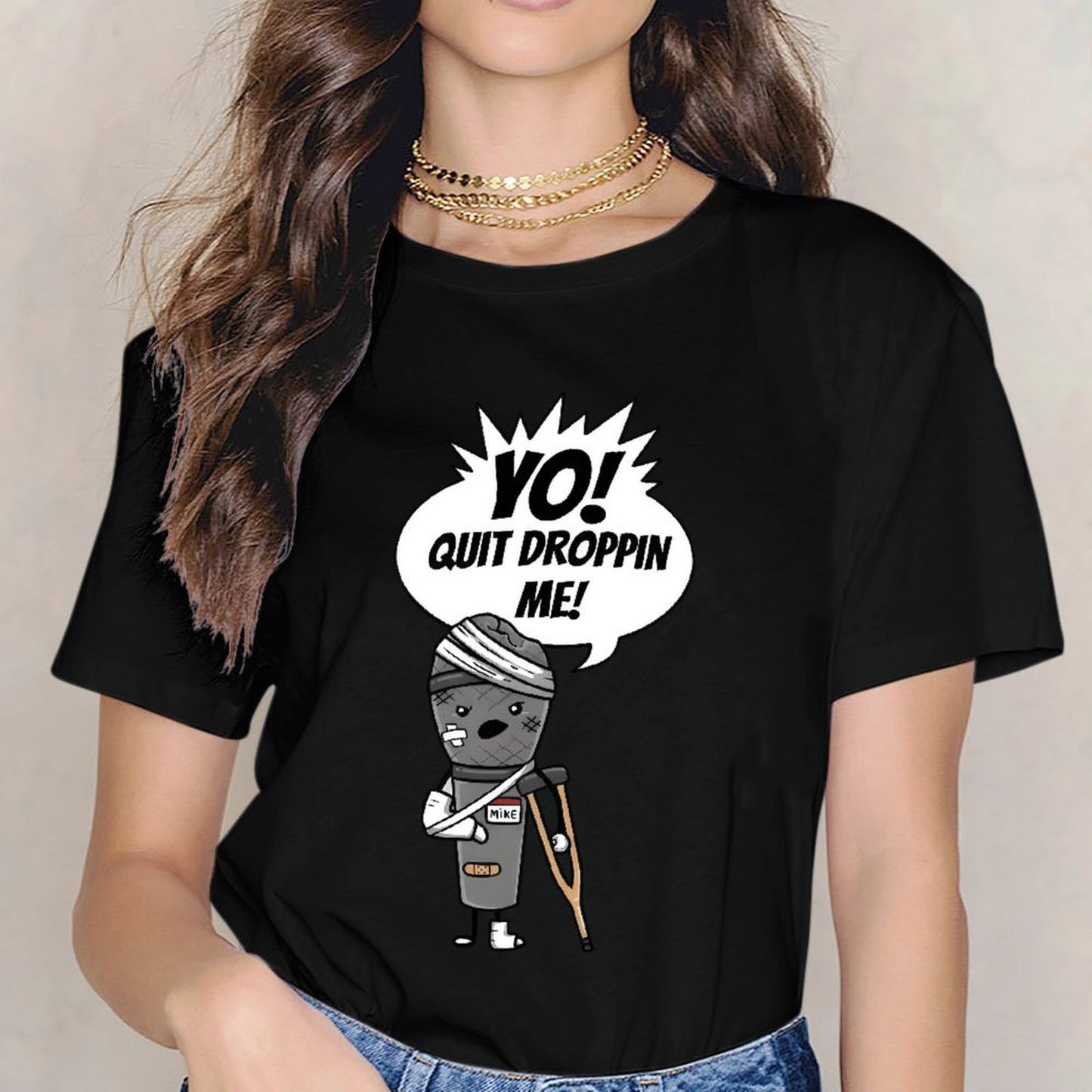 Inkmay Casual Cotton T-shirt Injured Microphone With Bandages And Unisex T-shirtSmoothWear Relaxed T-Shirt