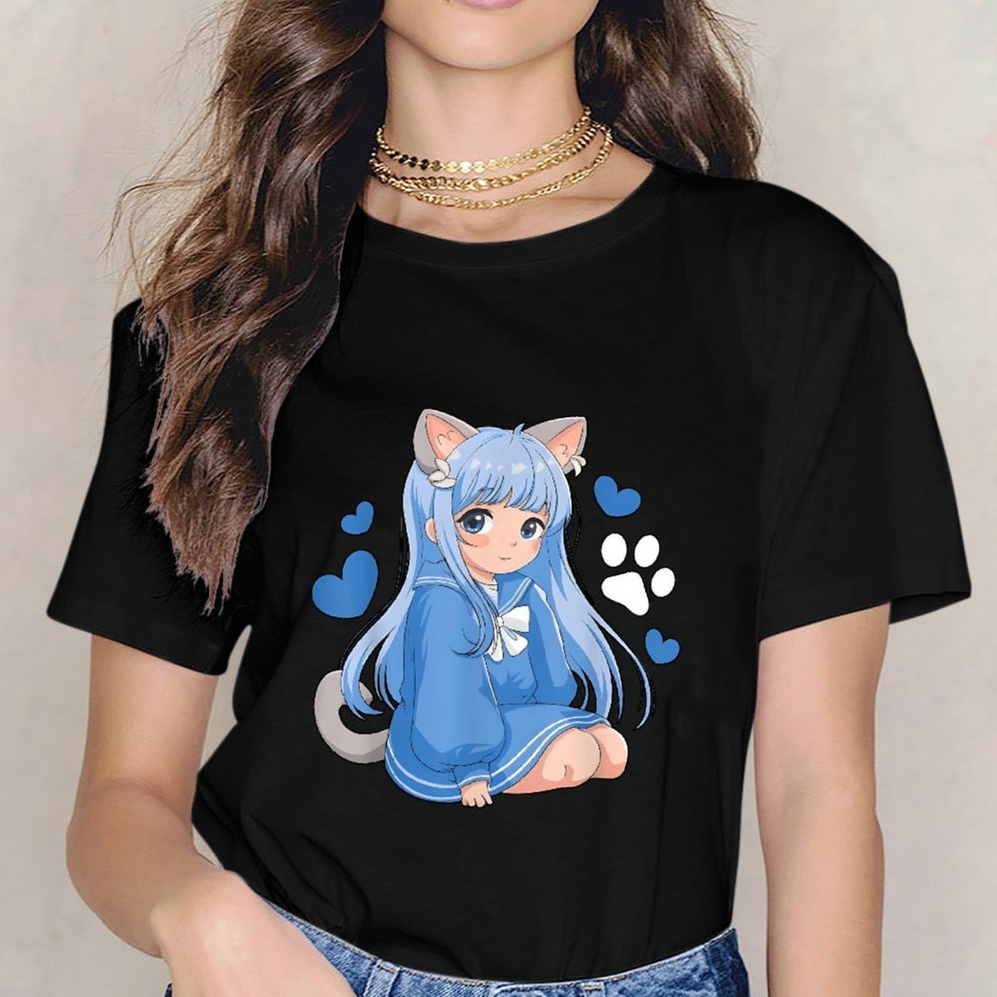 Inkmay Casual Cotton T-shirt Blue Cat Girl With Hearts Unisex T-shirtEdition EverydaySeries T-Shirt