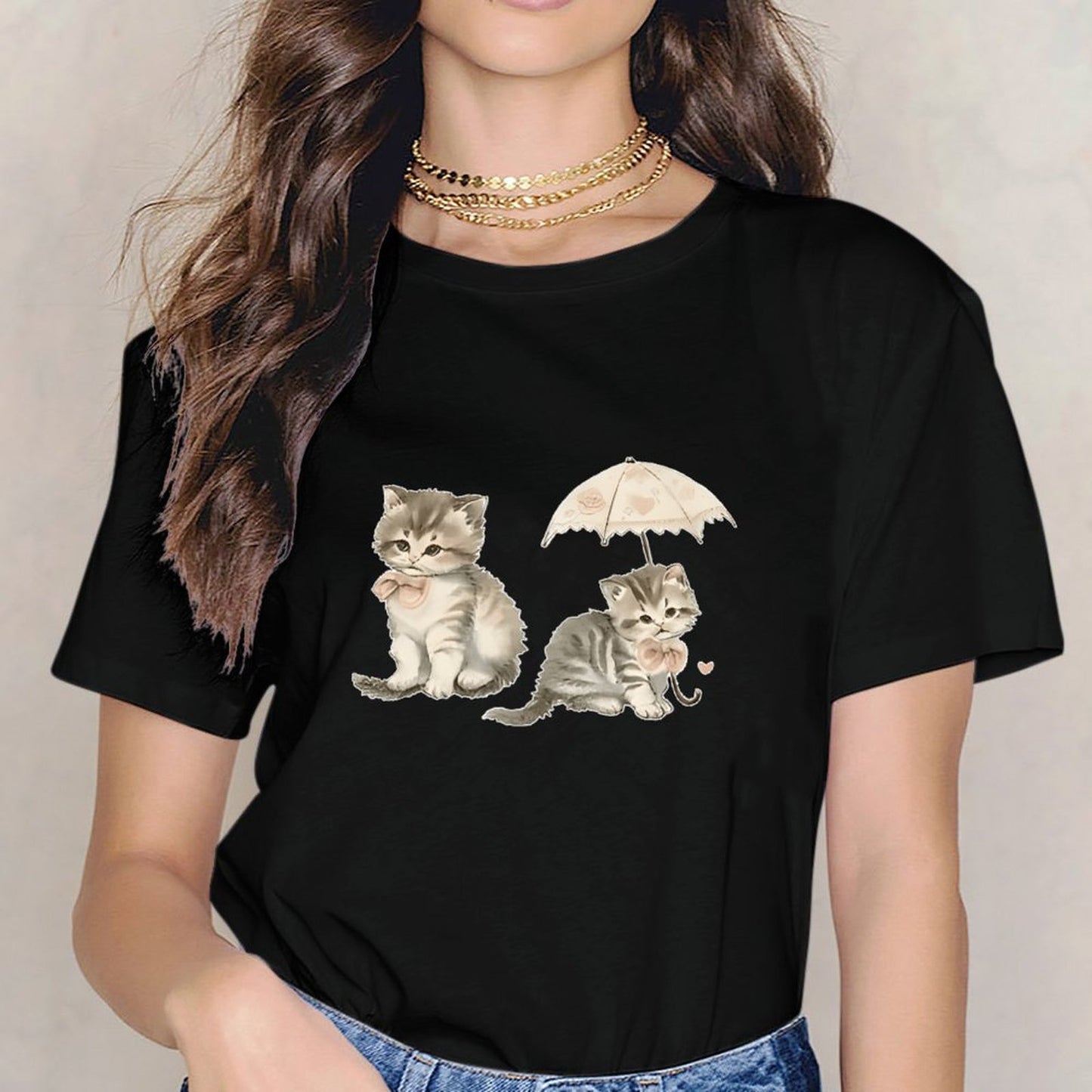 Inkmay Casual Cotton T-shirt Cute Kittens With Umbrella And Bow Unisex T-shirtSoftstyle Clean Edges T-Shirt