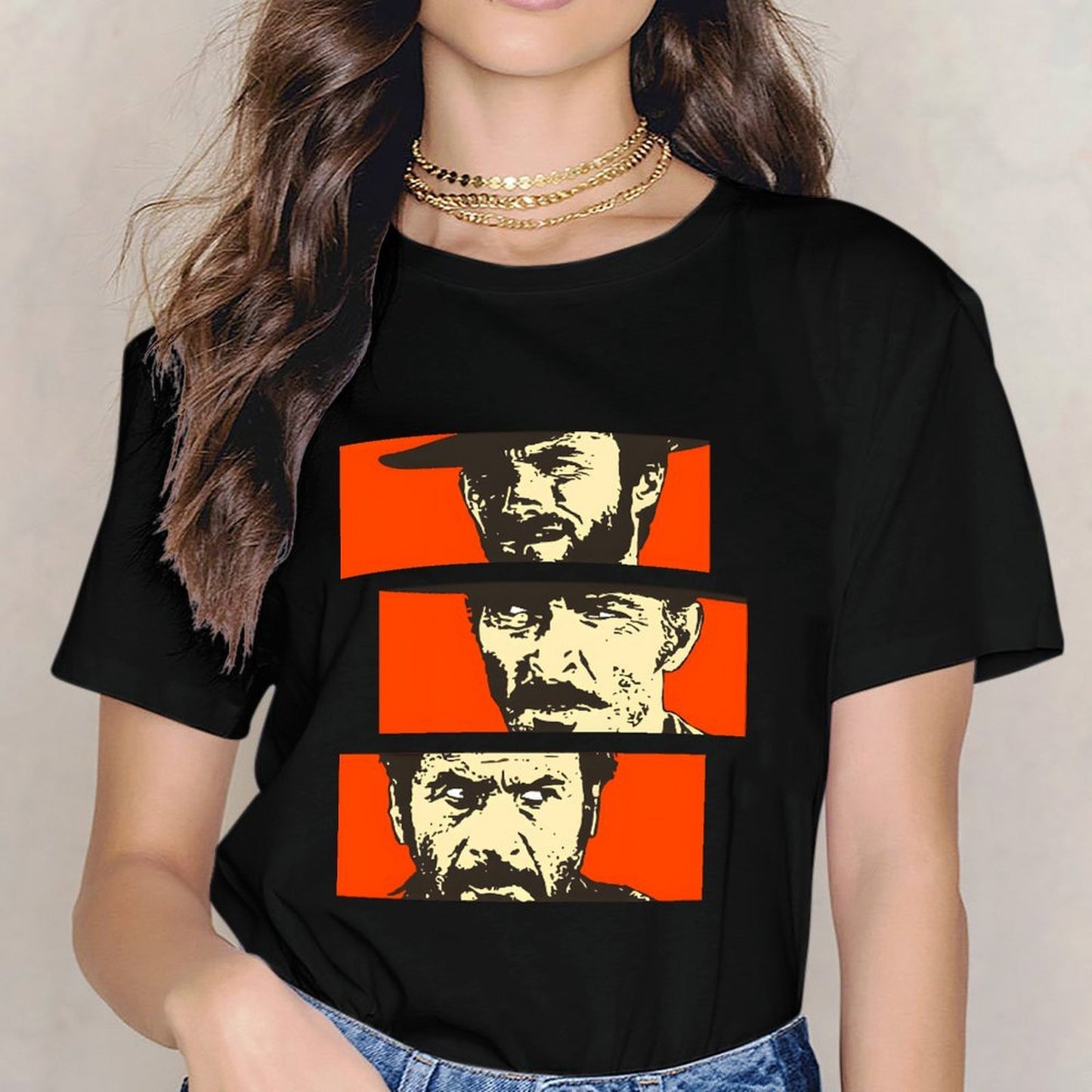 Inkmay Casual Cotton T-shirt Bold Orange Background With Face Prints Unisex T-shirtPocket Tee Relaxed T-Shirt