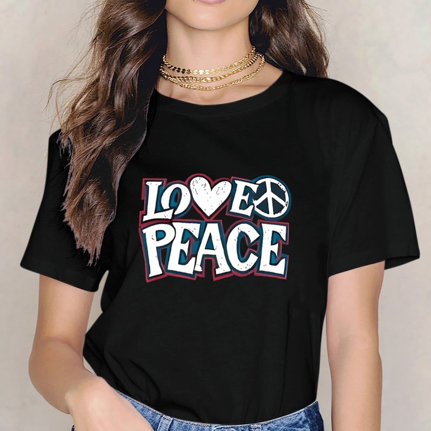 Inkmay Casual Cotton T-shirt Love Peace Pattern Prints With Symbols Unisex T-shirtSimpleFit StreetStyle T-Shirt