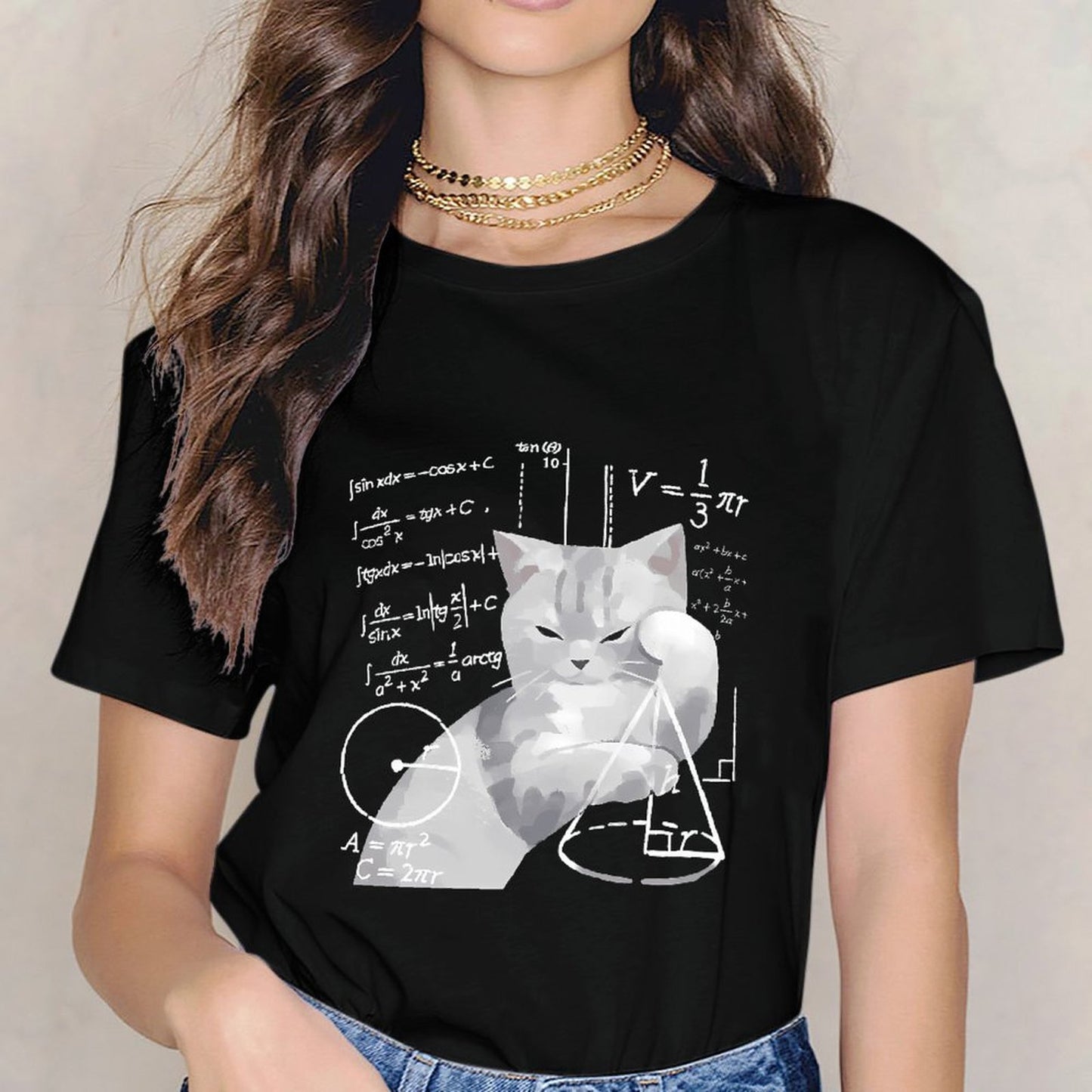 Inkmay Casual Cotton T-shirt Mathematical Cat With Geometric Shapes Unisex T-shirtAllSeason Comfort T-Shirt