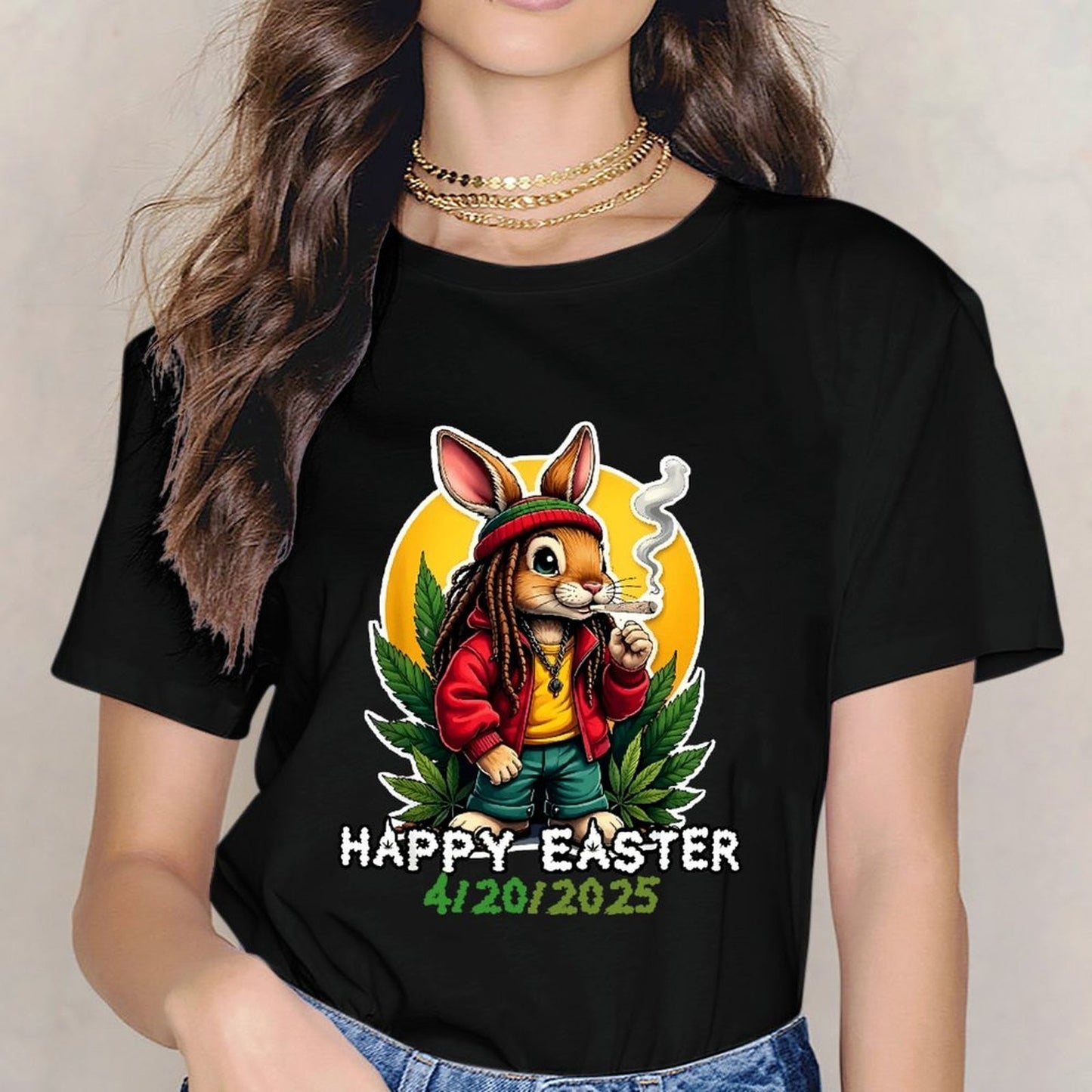 Inkmay Casual Cotton T-shirt Happy Easter Bunny Smoking Weed Art Unisex T-shirtClassicFit Active T-Shirt