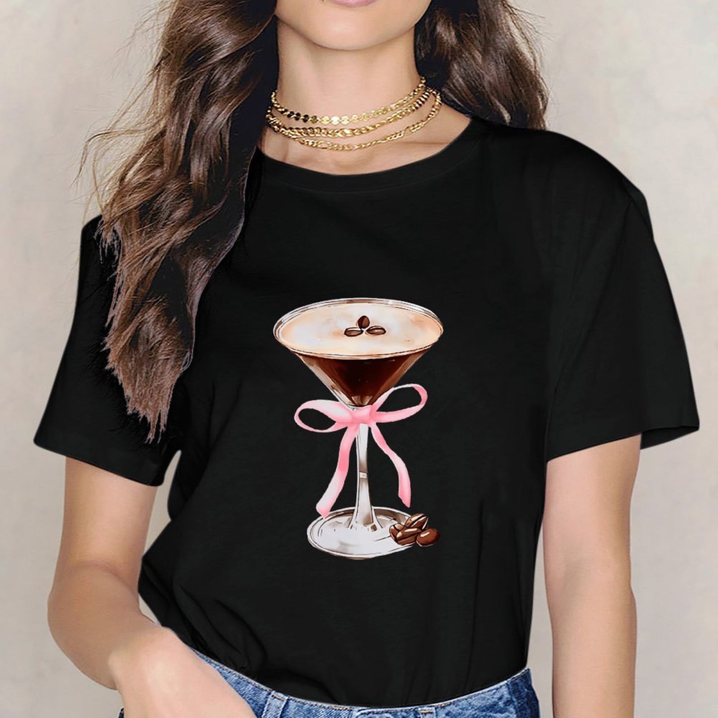 Inkmay Casual Cotton T-shirt Chocolate Martini With Pink Ribbon Unisex T-shirtEasyWear Minimalist T-Shirt