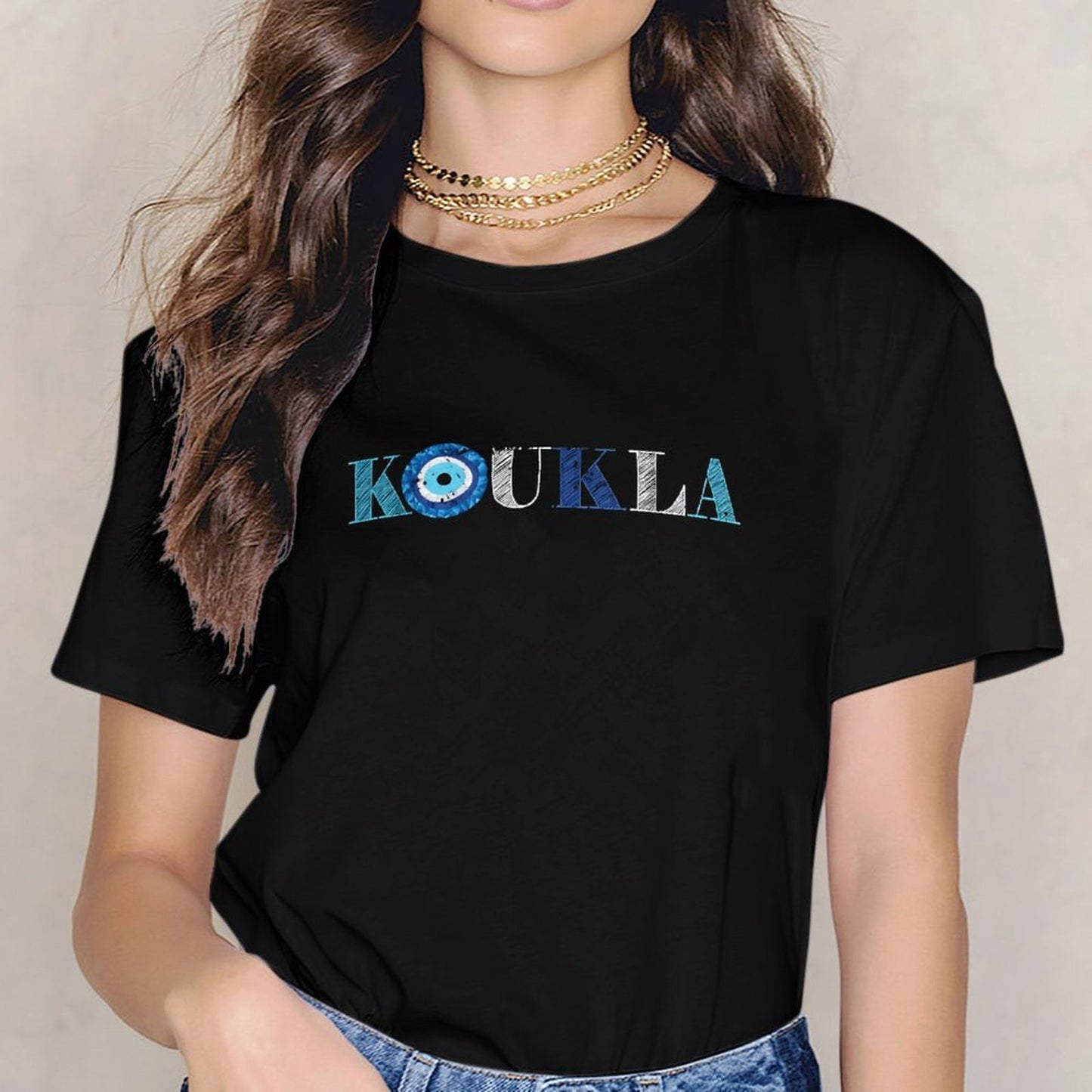 Inkmay Casual Cotton T-shirt Koukla Pattern Prints With Blue Accents Unisex T-shirtCleanCut Signature T-Shirt
