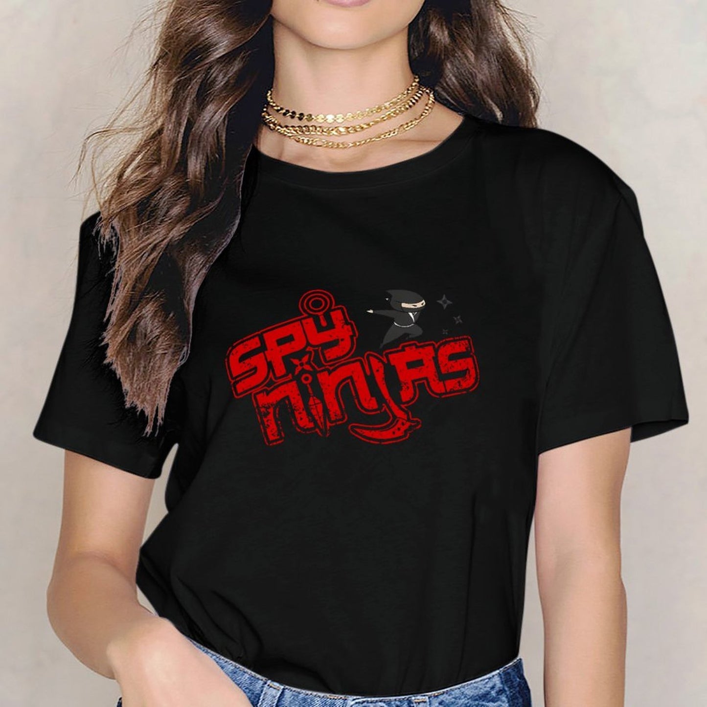 Inkmay Casual Cotton T-shirt Ninja Silhouette On Red Background Art Unisex T-shirtColorfast Street T-Shirt