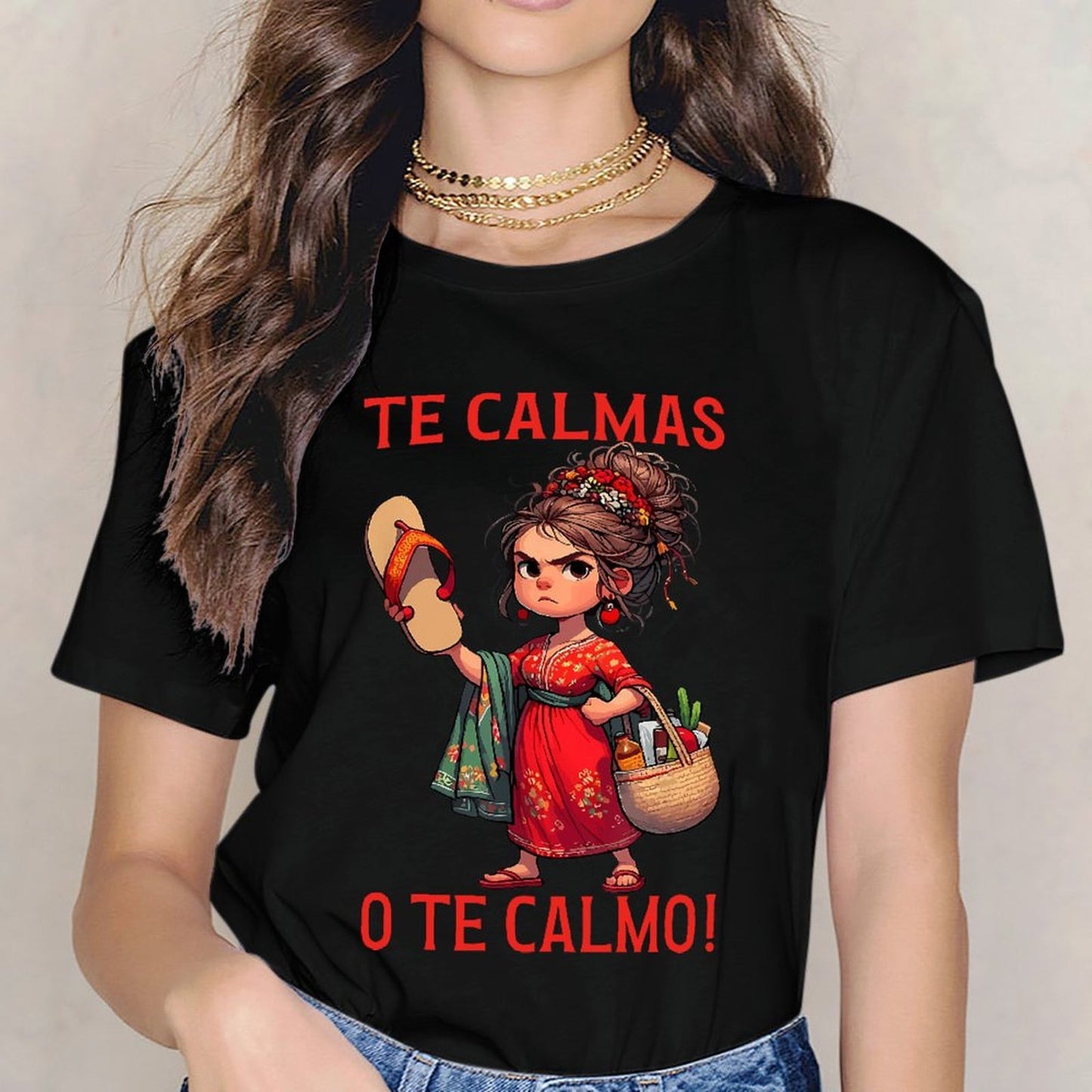 Inkmay Casual Cotton T-shirt Red Floral Dress With Green Scarf Unisex T-shirtMidweight EverydayTee T-Shirt
