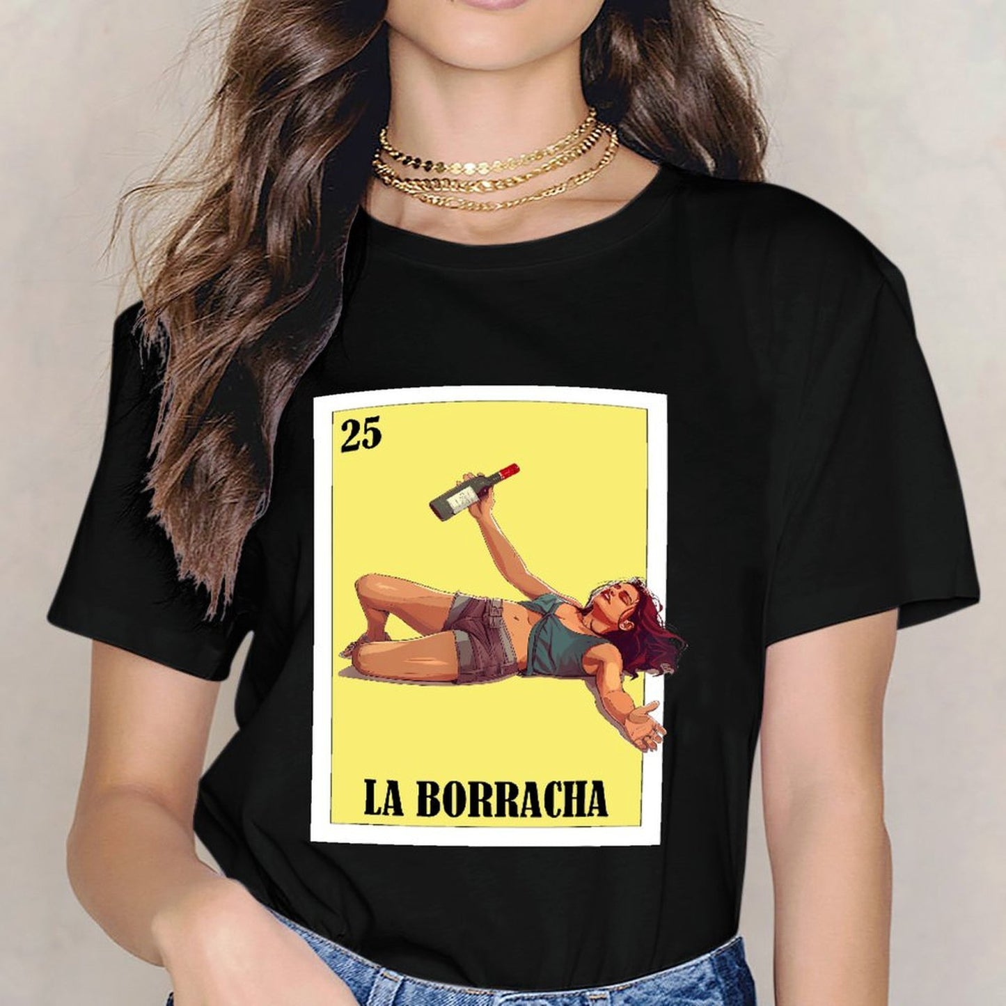 Inkmay Casual Cotton T-shirt The Drunk Woman Holding Wine Bottle Unisex T-shirt