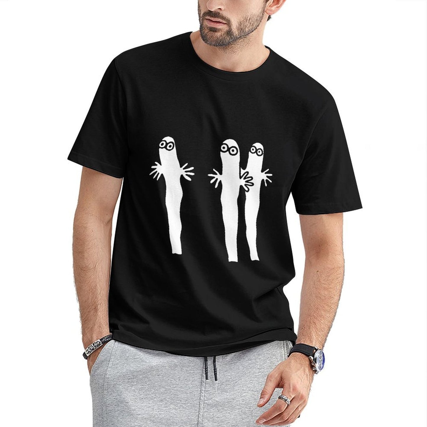 Inkmay Casual Cotton T-shirt Three Cartoon Characters With Hands Raised Unisex T-shirtSleek Outdoor T-Shirt