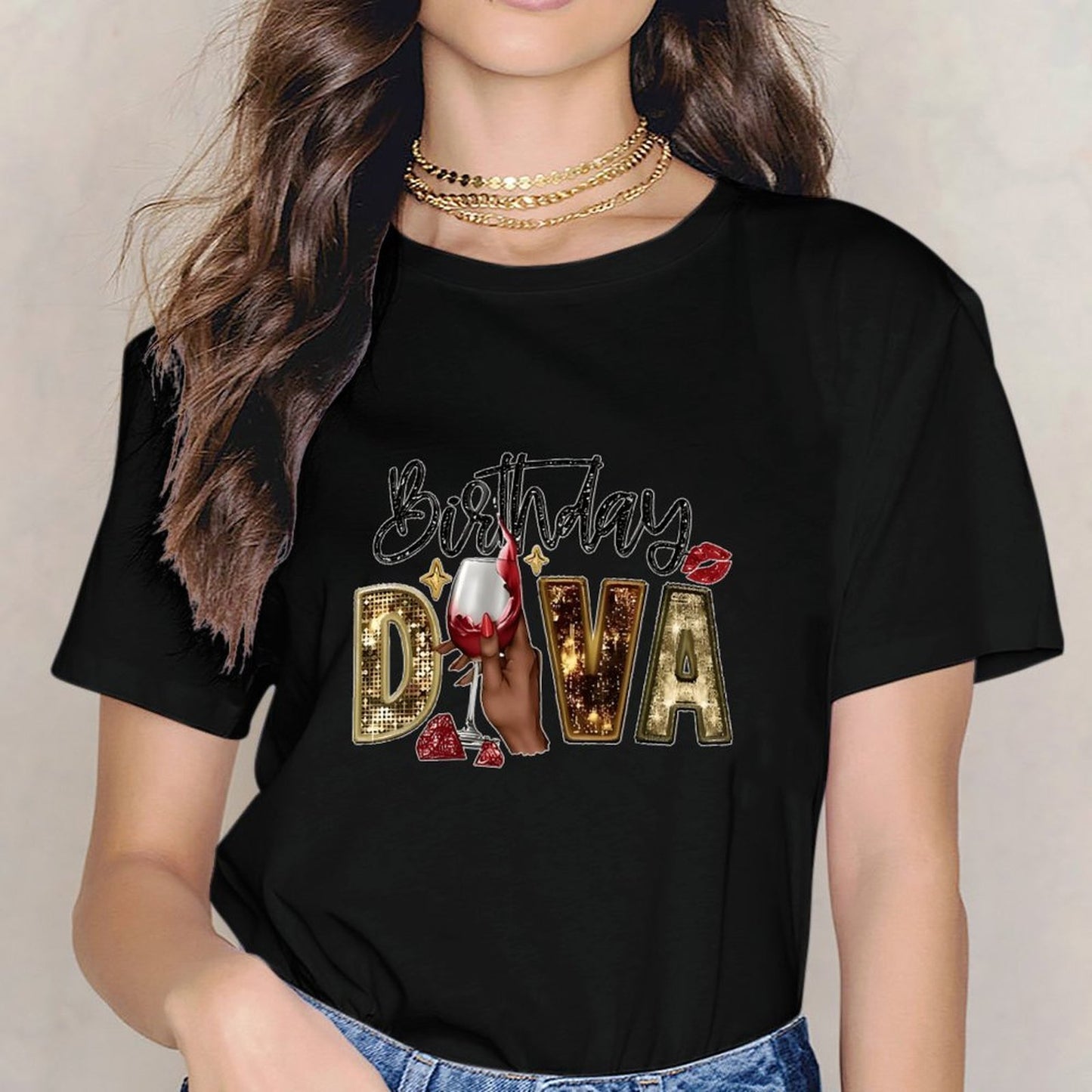 Inkmay Casual Cotton T-shirt Birthday Diva Sparkling Gold And Red Unisex T-shirtPremium Finish Modern T-Shirt