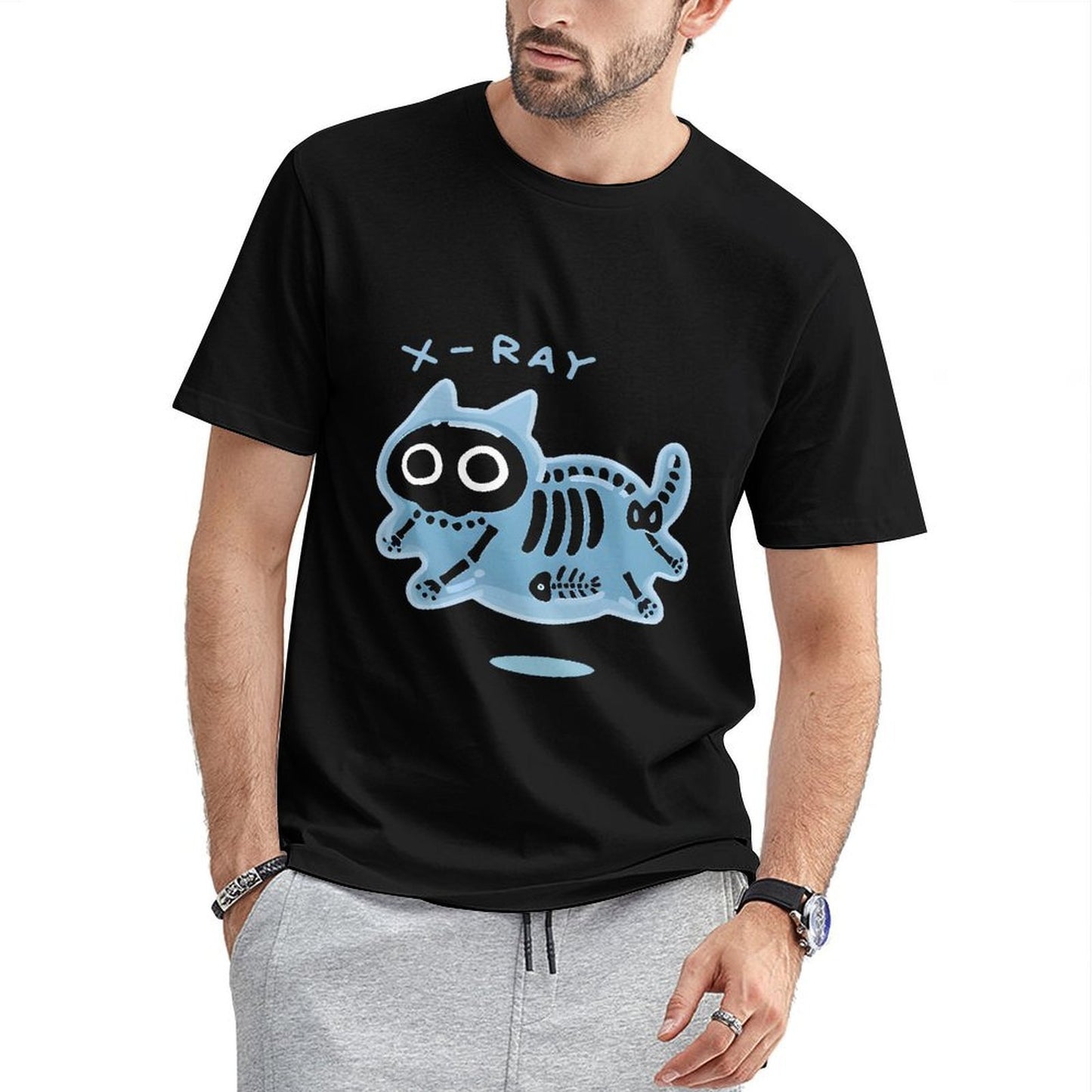 Inkmay Casual Cotton T-shirt Blue Cat Skeleton Print Design Art Unisex T-shirtSmooth Design-Your-Own T-Shirt