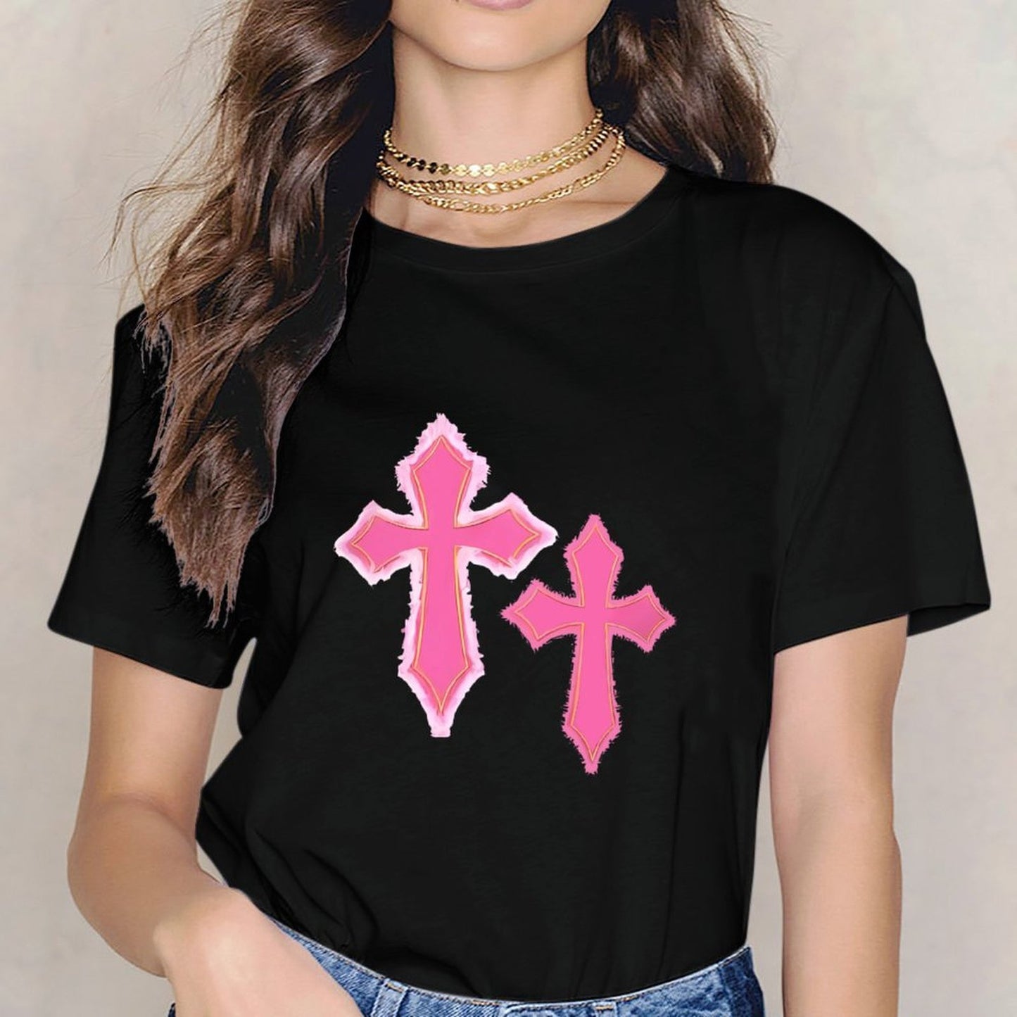 Inkmay Casual Cotton T-shirt Pink Crosses With Fuzzy Edges Unisex T-shirtStudio TimelessStyle T-Shirt