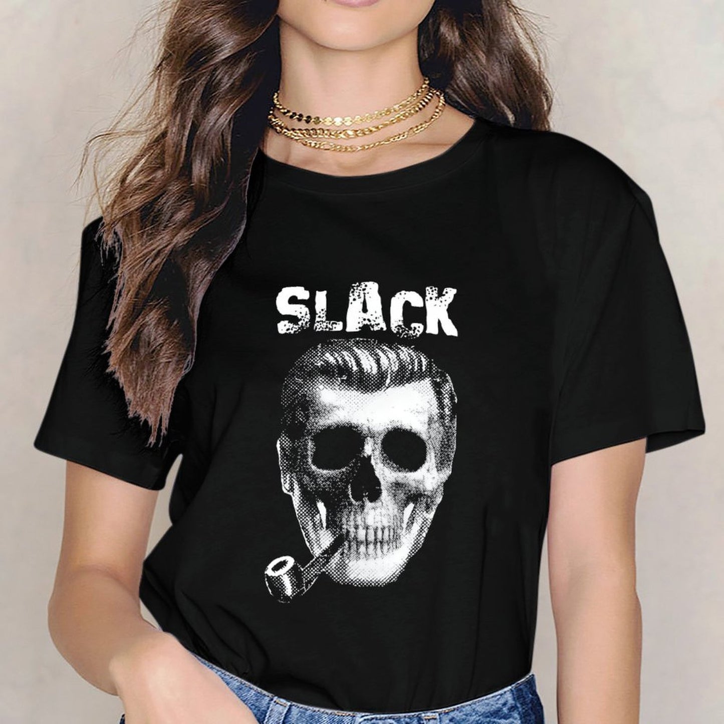 Inkmay Casual Cotton T-shirt Skull Pattern Print With Slack Text Unisex T-shirtPrint-Ready Cotton T-Shirt