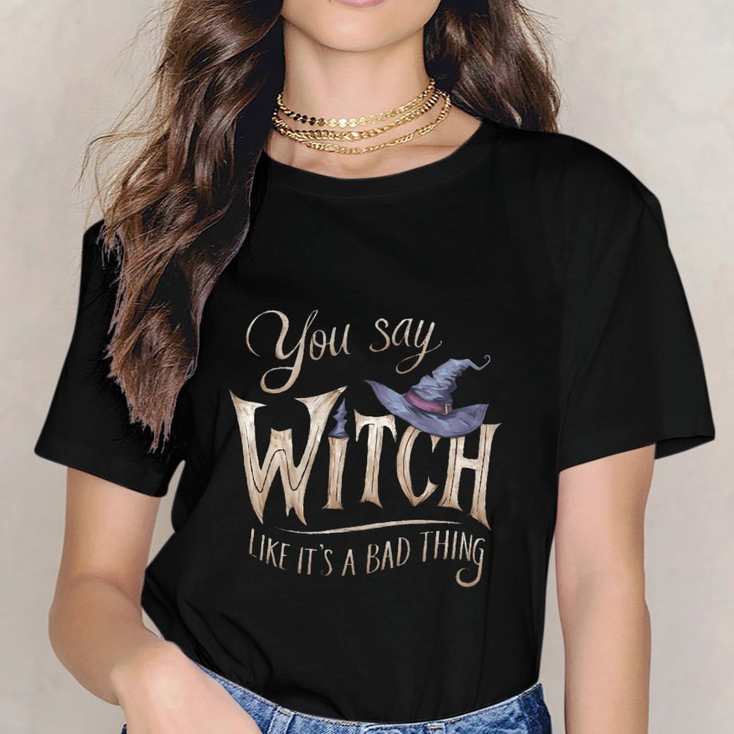Inkmay Casual Cotton T-shirt Witch Hat And Magical Words Art Unisex T-shirtClassicStyle ComfortSeries T-Shirt