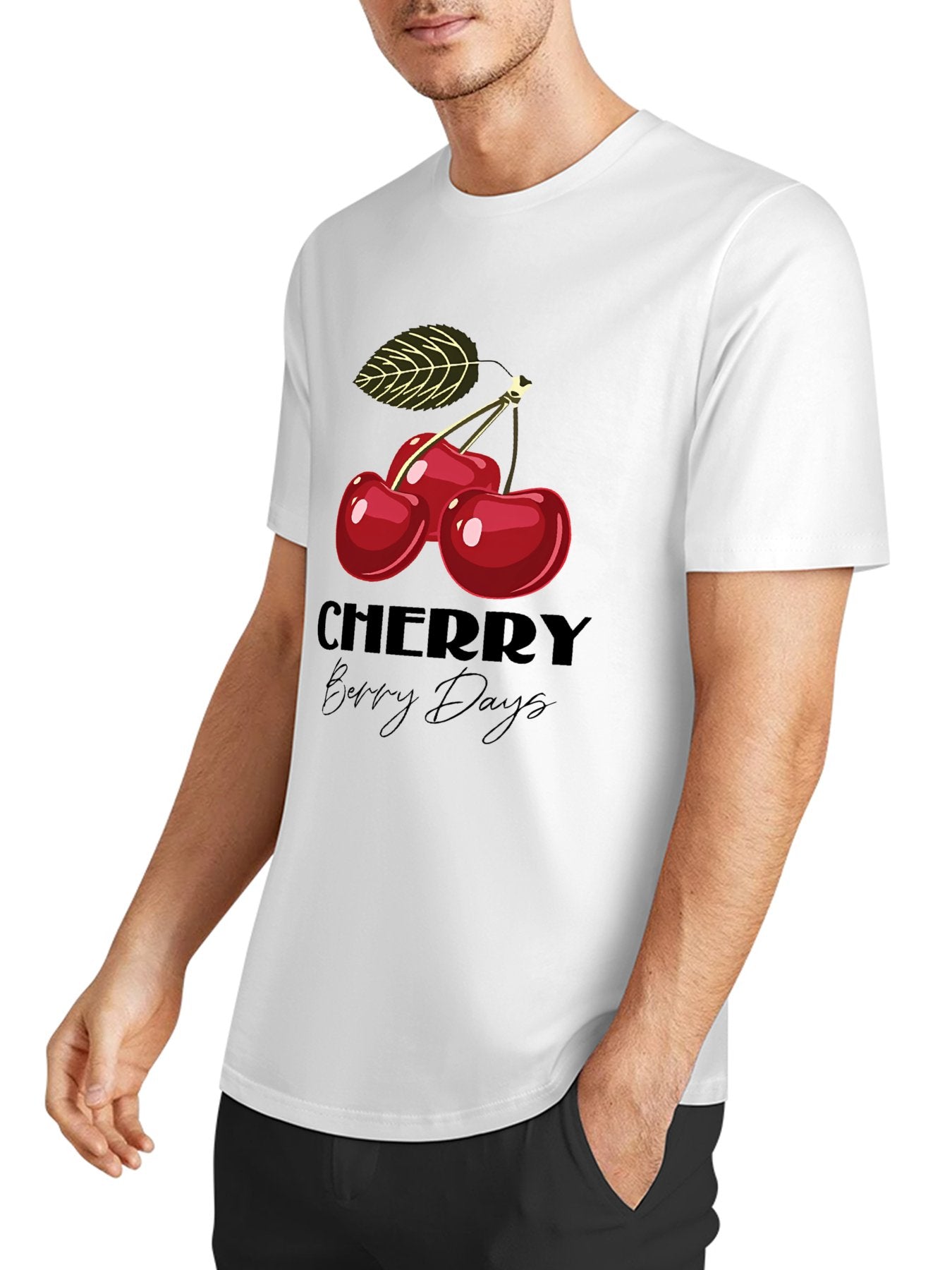 Inkmay Casual Cotton T-shirt Bright Red Cherries With Green Leaf Unisex T-shirtYearRound Heat-Transfer T-Shirt