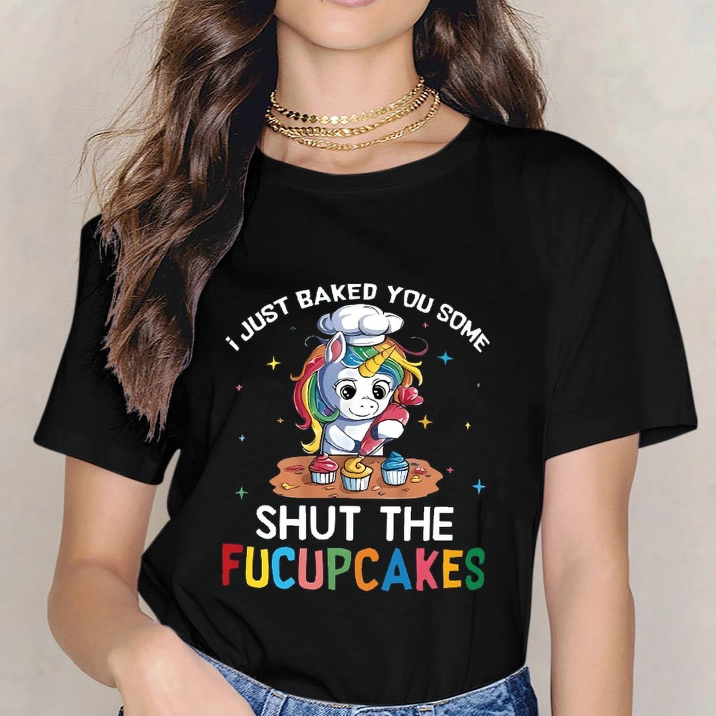 Inkmay Casual Cotton T-shirt Cute Unicorn Baking Cupcakes On Table Unisex T-shirtLong Lasting Performance T-Shirt