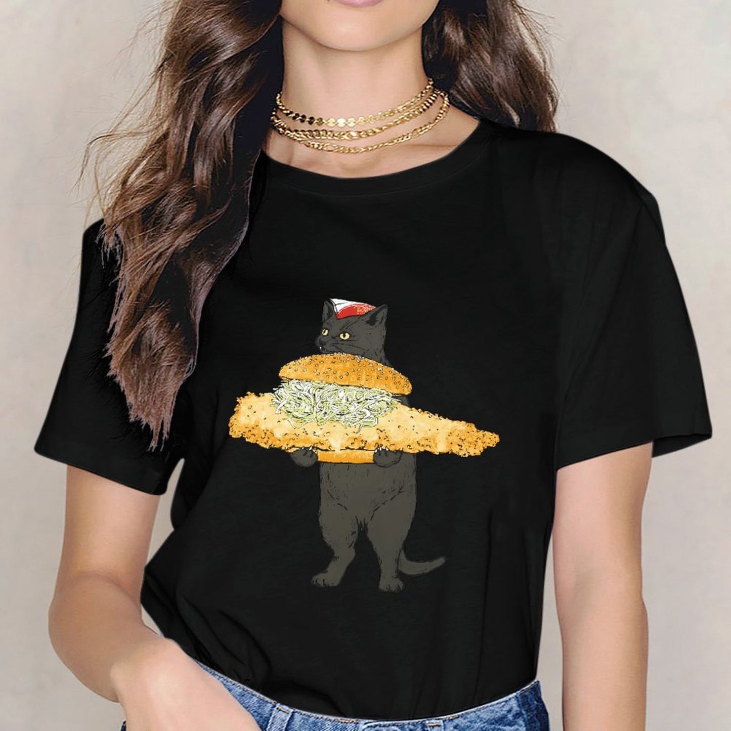 Inkmay Casual Cotton T-shirt Cat Holding Giant Sandwich With Toppings Unisex T-shirtAllSeason StreetLine T-Shirt