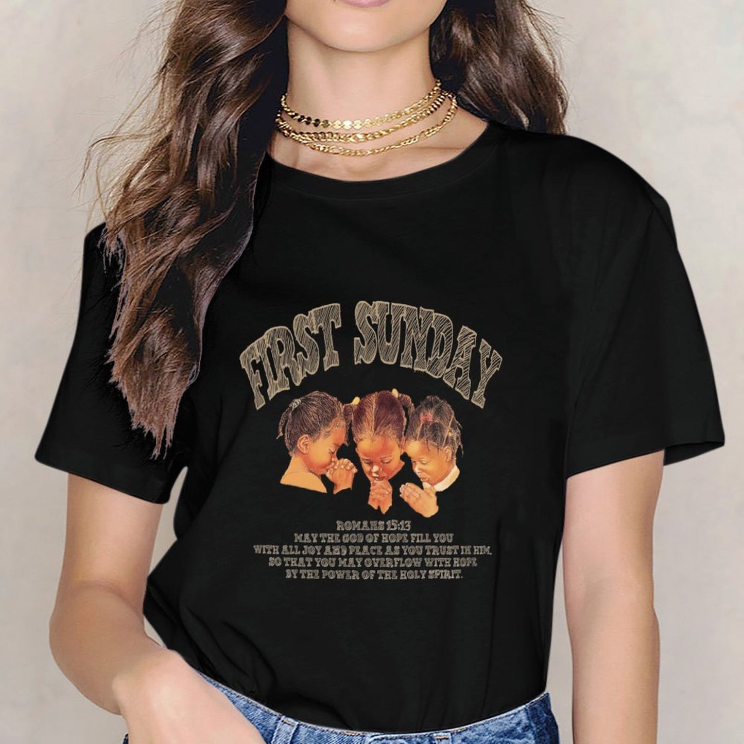 Inkmay Casual Cotton T-shirt First Sunday Children Praying Together Joyfully Unisex T-shirtCityStyle Moisture-Wicking T-Shirt