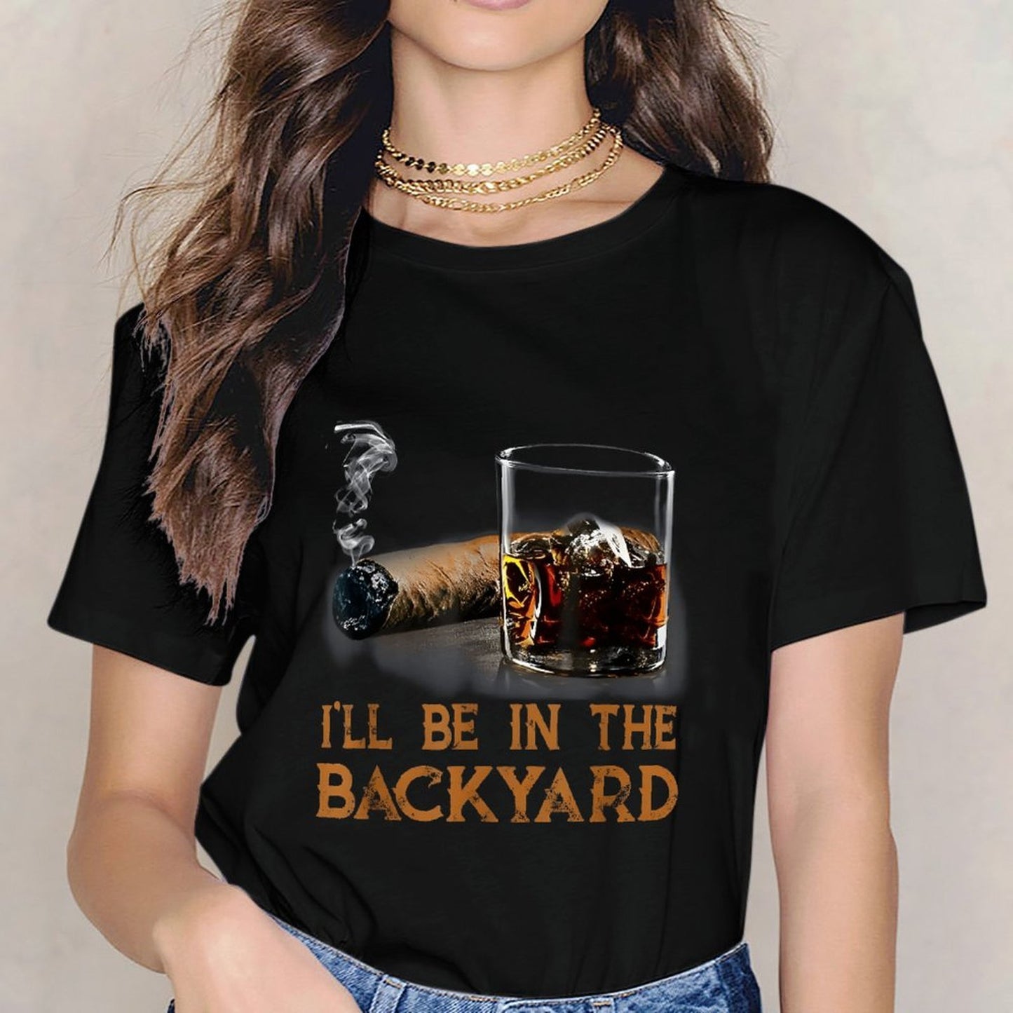 Inkmay Casual Cotton T-shirt Cigar And Whiskey Glass Displayed Unisex T-shirtDouble-Stitched Colorfast T-Shirt