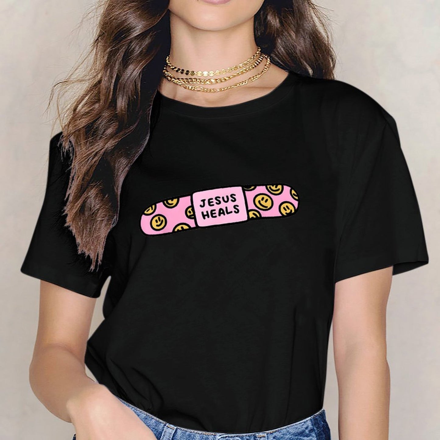 Inkmay Casual Cotton T-shirt Pink Pill With Smiley Faces Pattern Unisex T-shirtMoisture-Wicking LifestyleLine T-Shirt