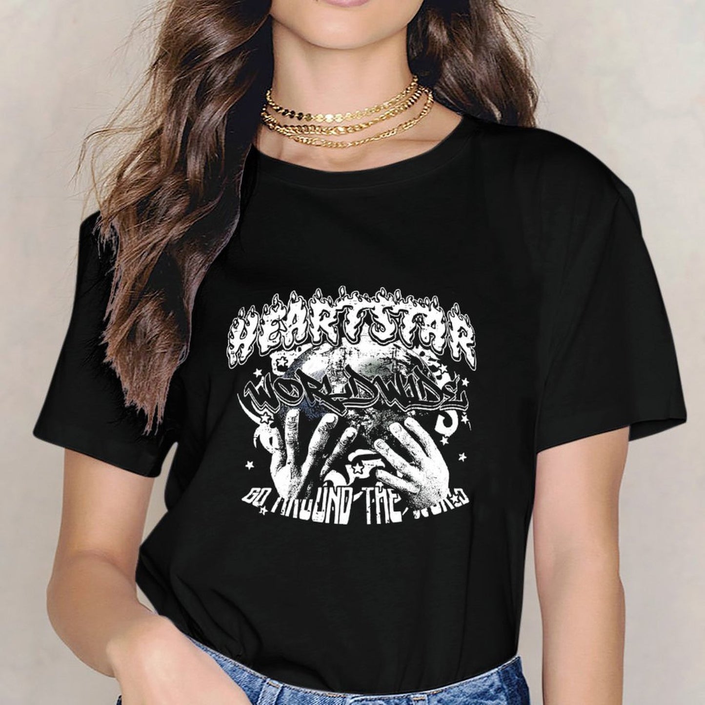 Inkmay Casual Cotton T-shirt Heartstar Hands Holding Skull Pattern Print Unisex T-shirtStreetStyle EverydaySeries T-Shirt