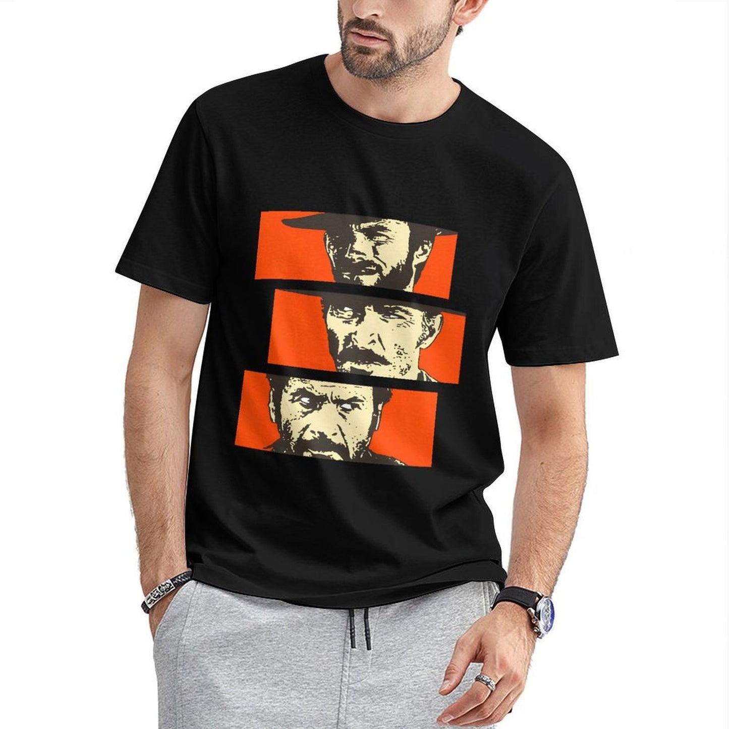 Inkmay Casual Cotton T-shirt Bold Orange Background With Face Prints Unisex T-shirtPocket Tee Relaxed T-Shirt