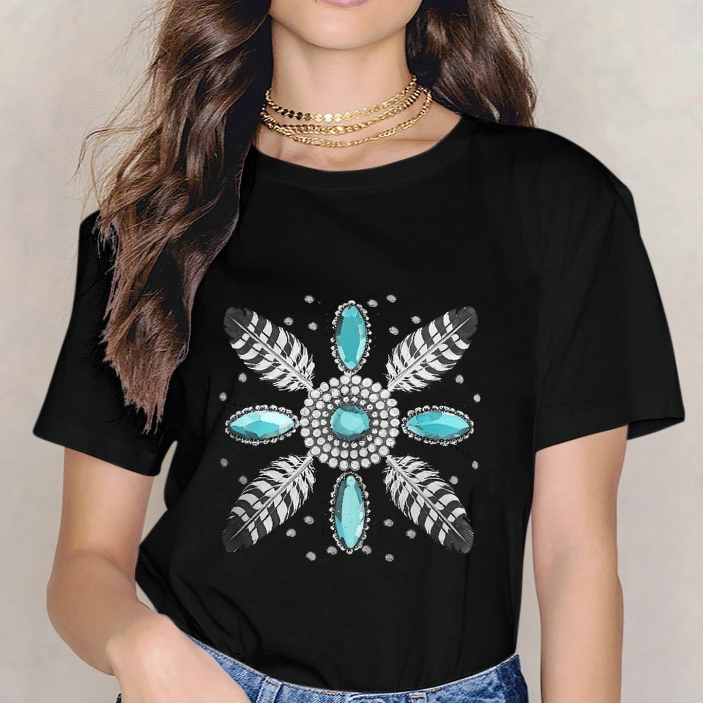 Inkmay Casual Cotton T-shirt Feather And Gemstone Pattern Design Artwork Unisex T-shirt