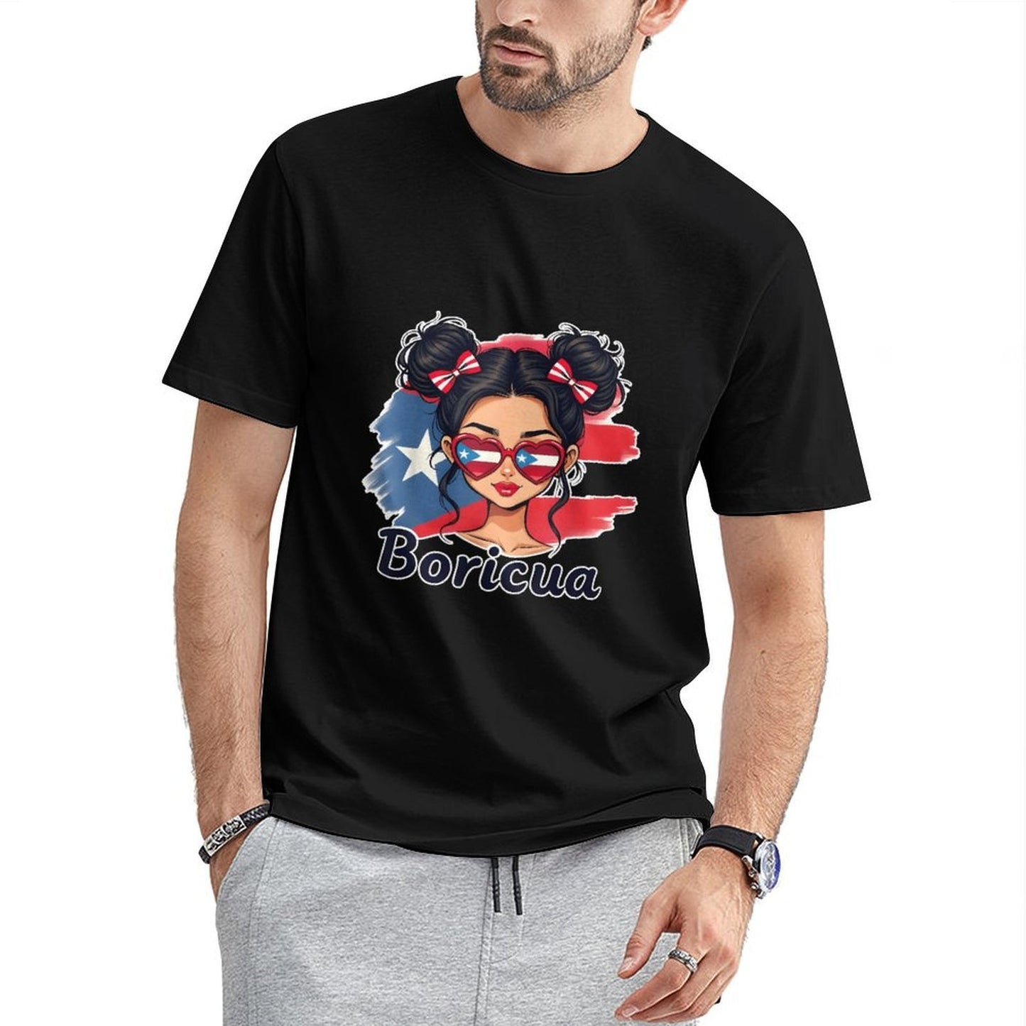 Inkmay Casual Cotton T-shirt Puerto Rican Flag Heart Glasses Boricua Unisex T-shirtSharp Pure T-Shirt