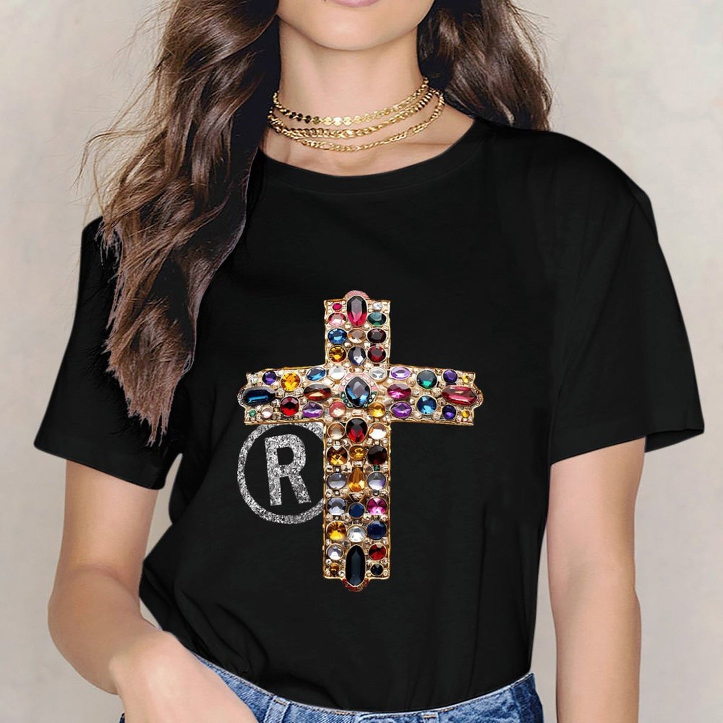 Inkmay Casual Cotton T-shirt Elegant Cross With Gemstones And Rhinestones Unisex T-shirtEco / Sustainable EverydayWear T-Shirt