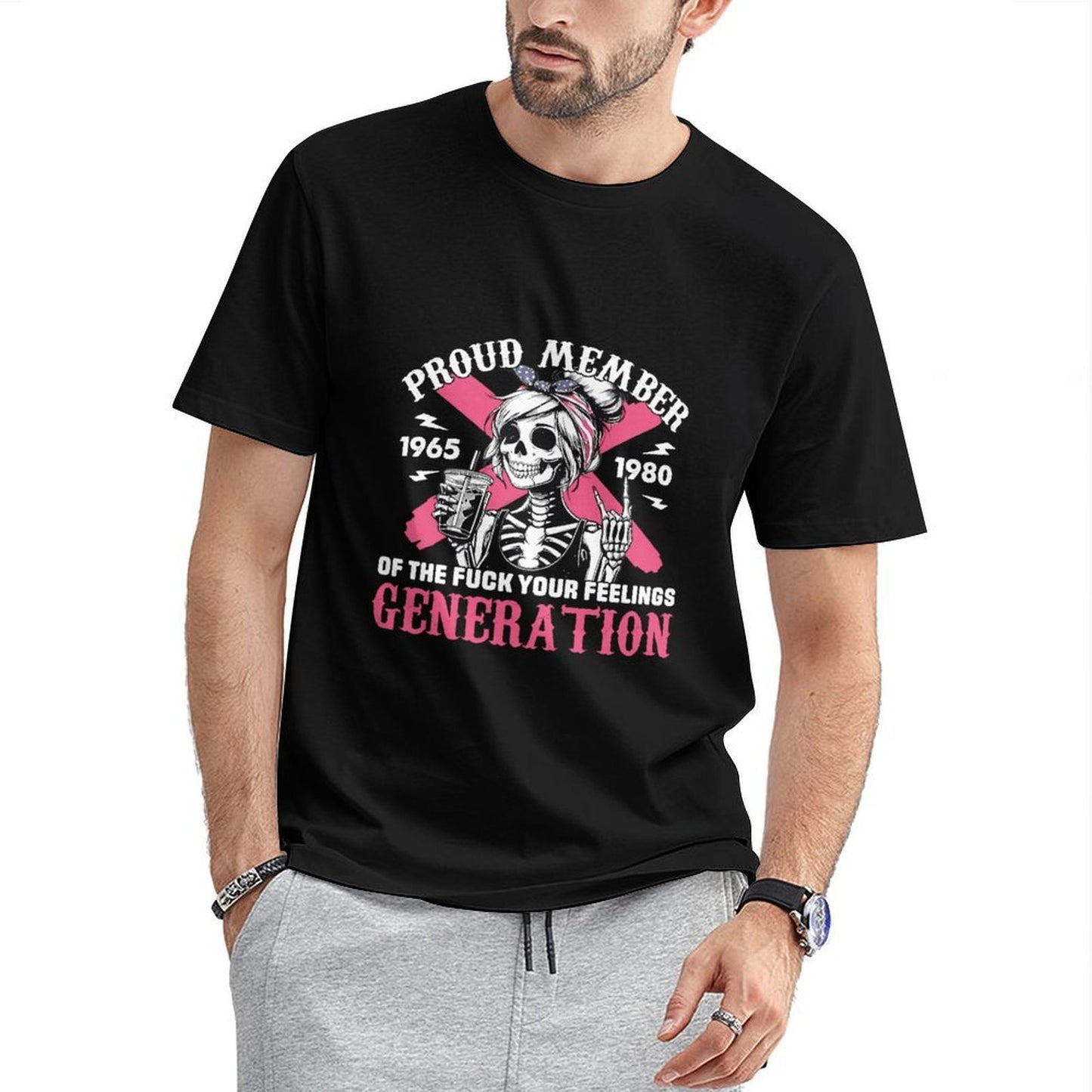 Inkmay Casual Cotton T-shirt Proud Member Skeleton Girl Pink Background Unisex T-shirtStrong V-Neck T-Shirt